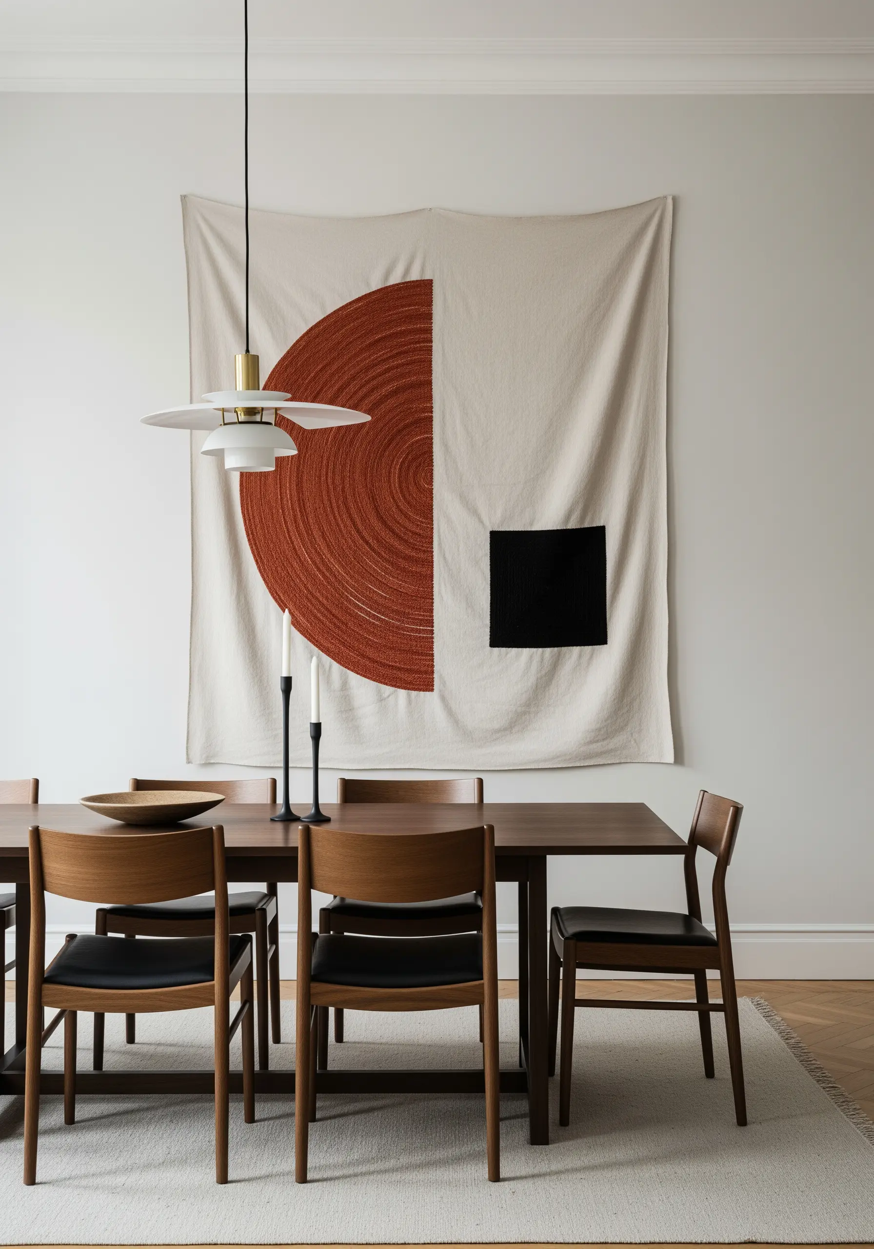A large, minimalist tapestry with a textured terracotta half-circle and a small black square.