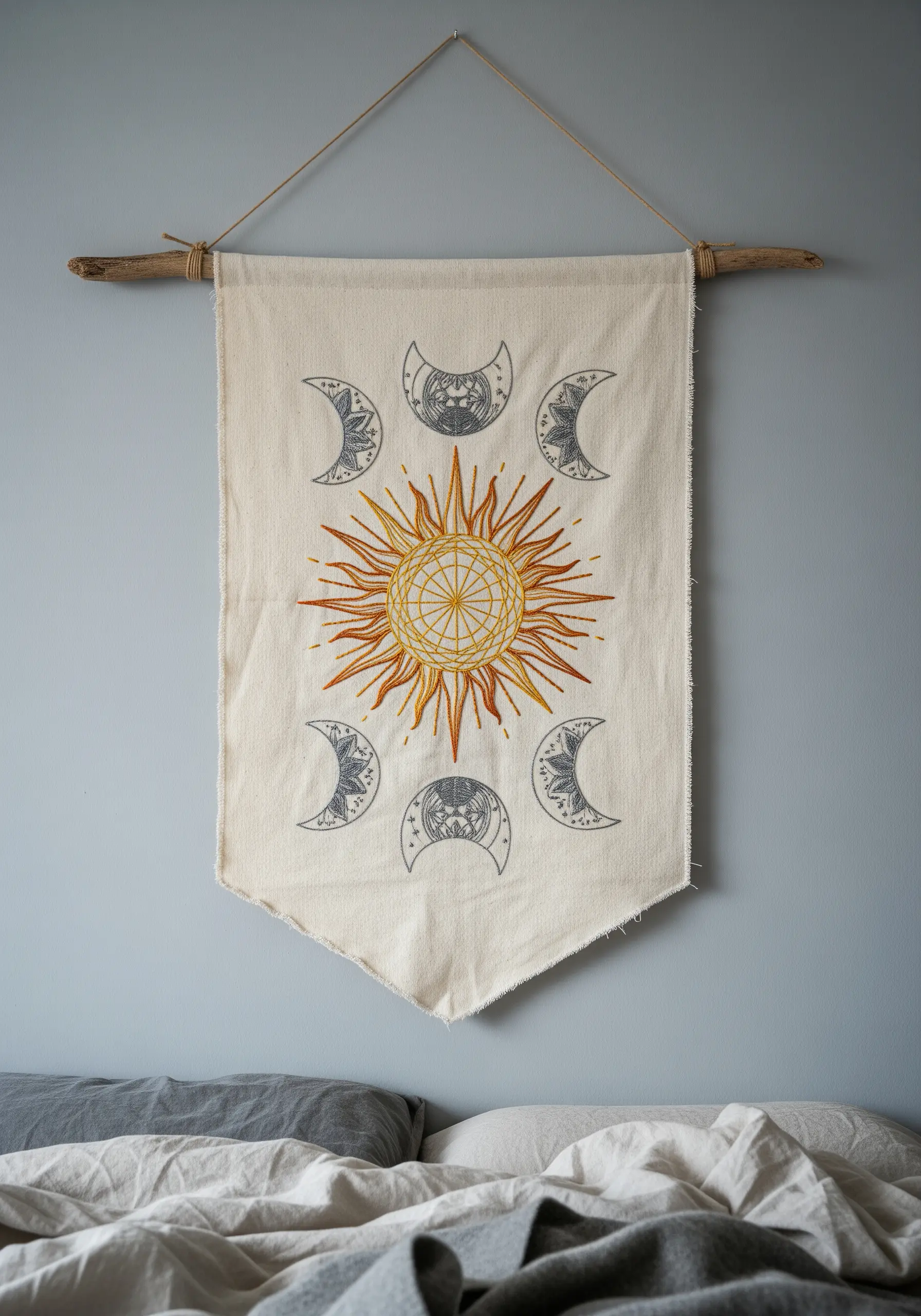 A canvas wall banner with an embroidered sun in the center and moon phases in grey.