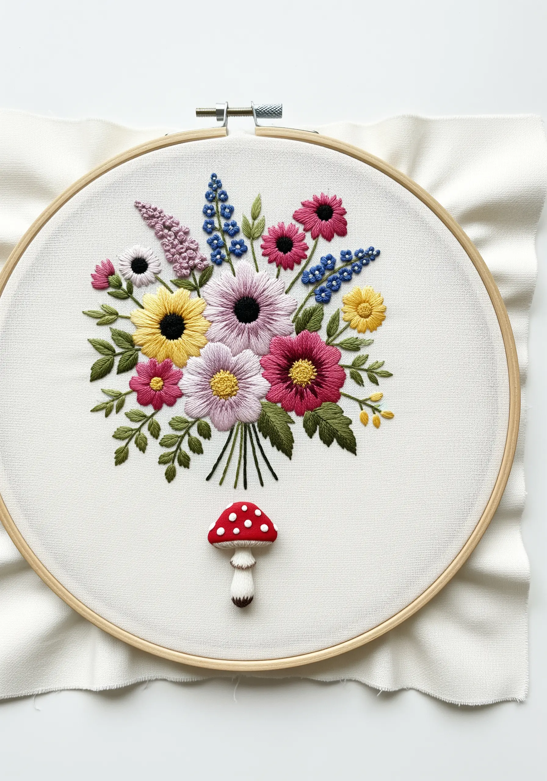 An embroidered floral bouquet in a hoop with a small red mushroom stitched below.