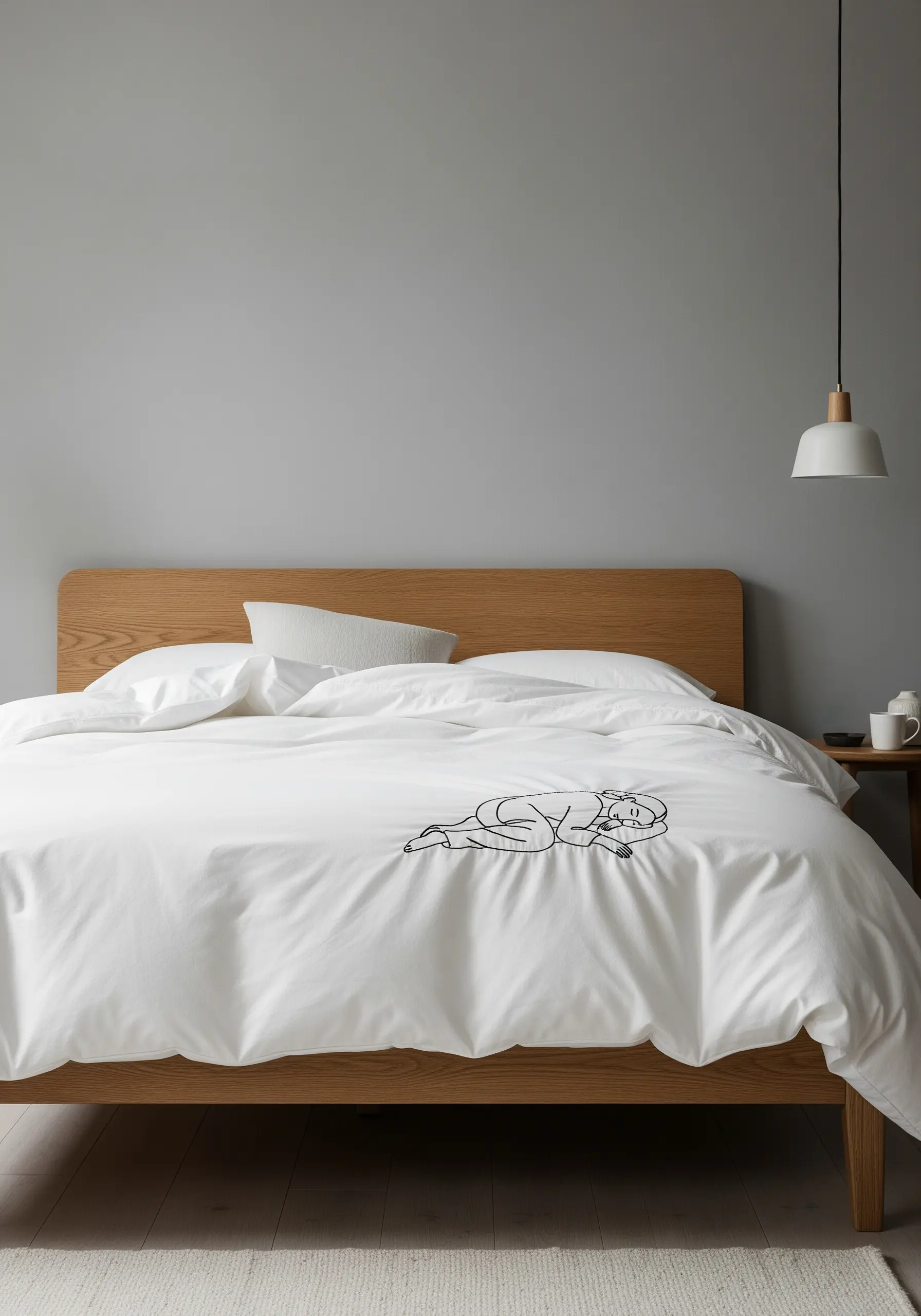 Minimalist black line art embroidery of a resting figure on a white duvet cover