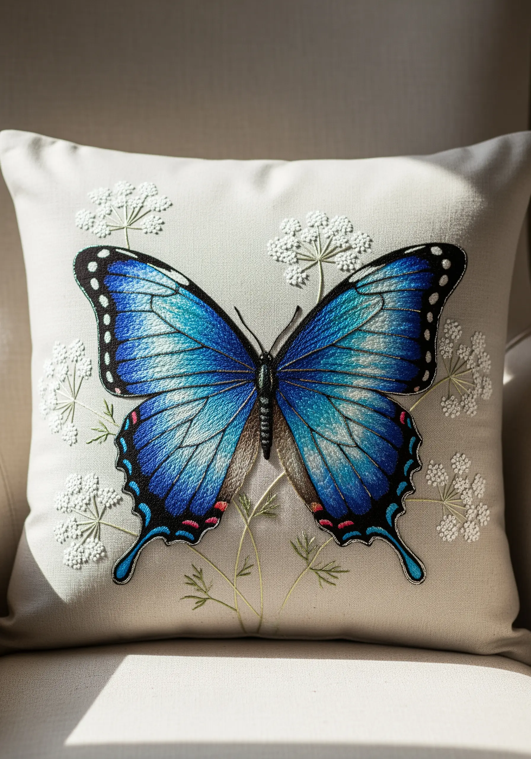A large blue butterfly with watercolor-like thread blending on a cream cushion.