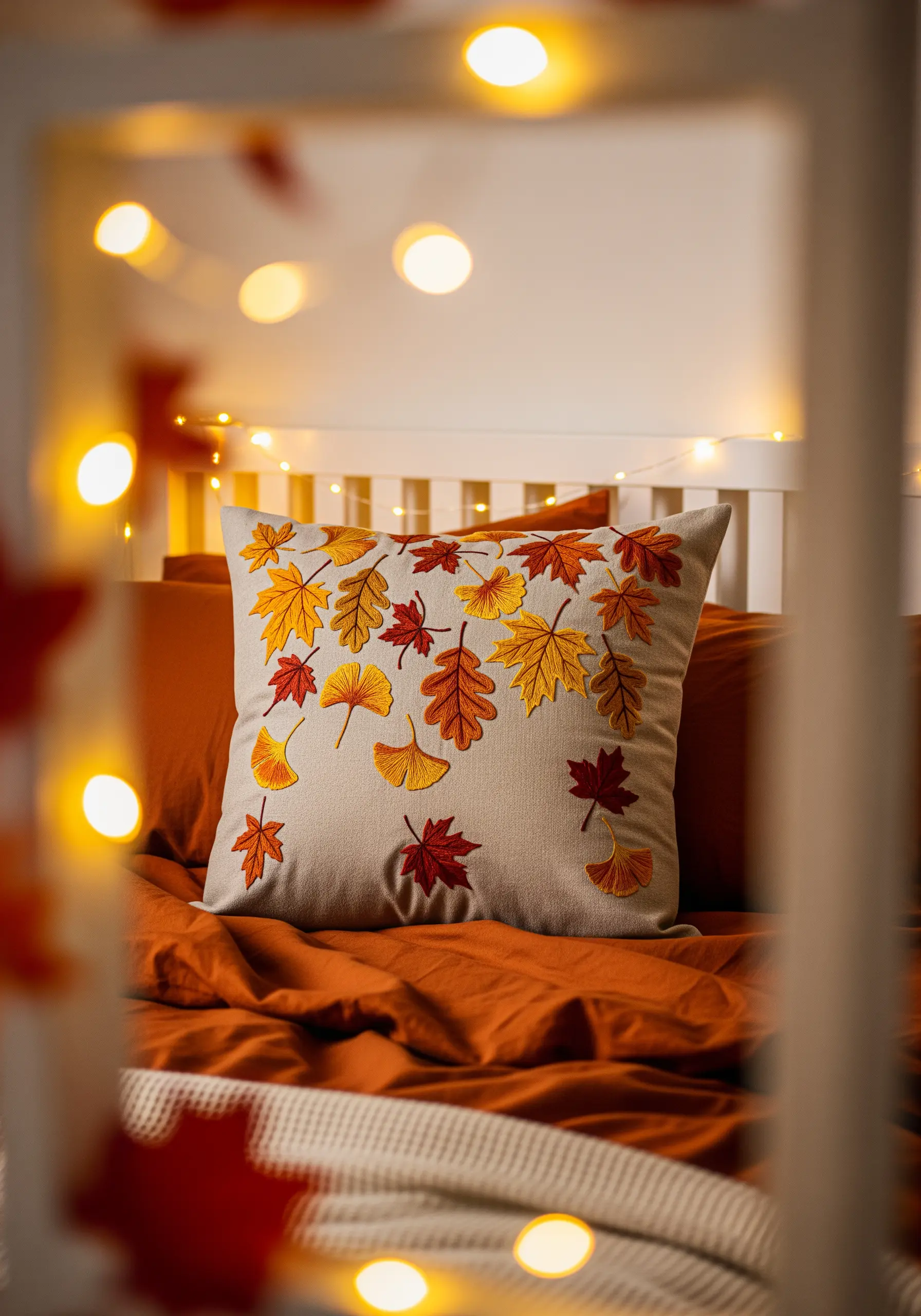 An embroidered pillow with a cascade of autumn leaves in red, orange, and yellow.