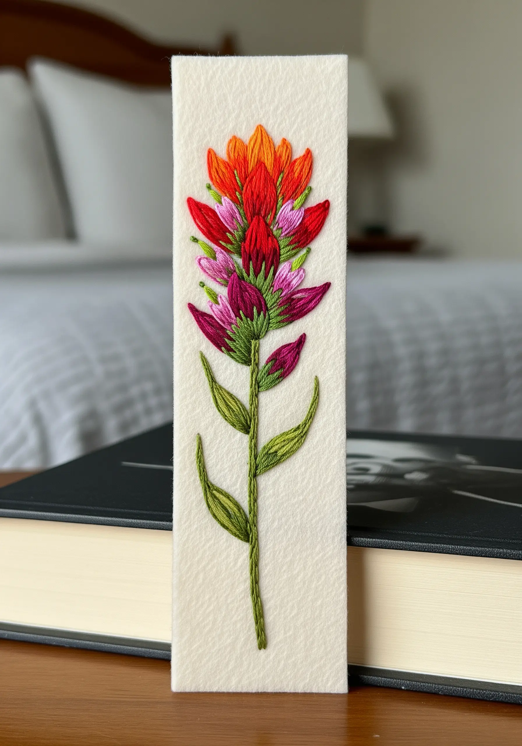 A vibrant Indian Paintbrush flower embroidered on a bookmark using thread painting techniques