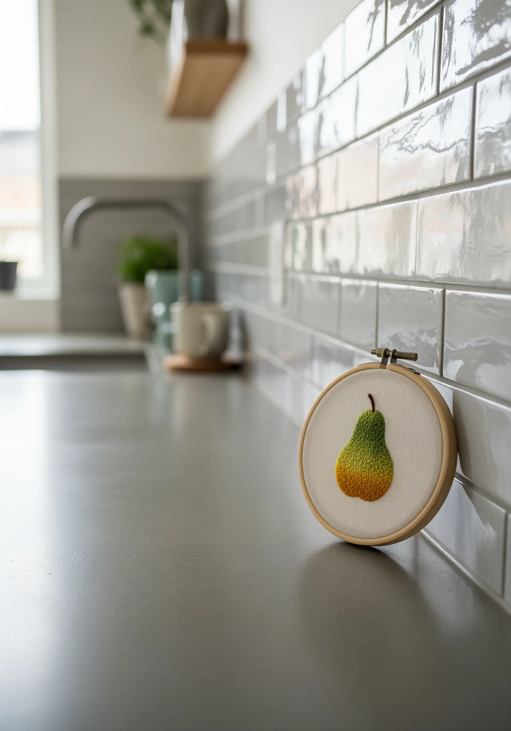 A single embroidery hoop with a color-gradient pear leaning against a glossy gray subway tile wall.