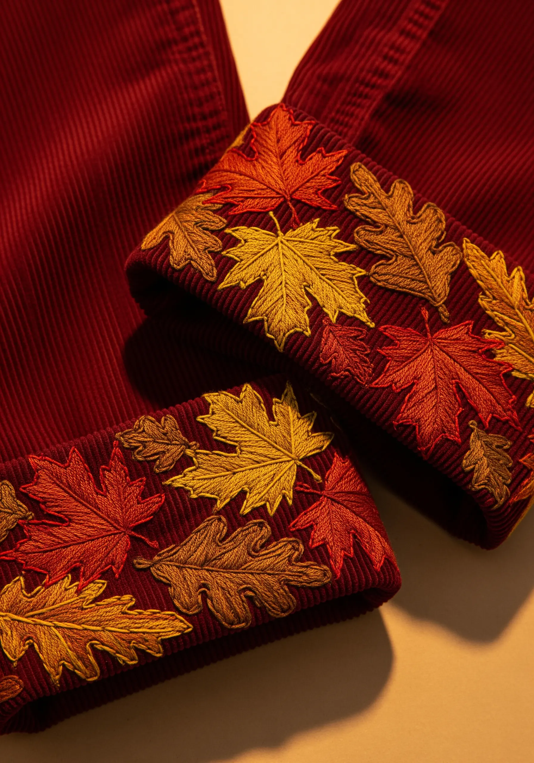 Autumnal oak leaves embroidered in a gradient of red, orange, and yellow on corduroy cuffs