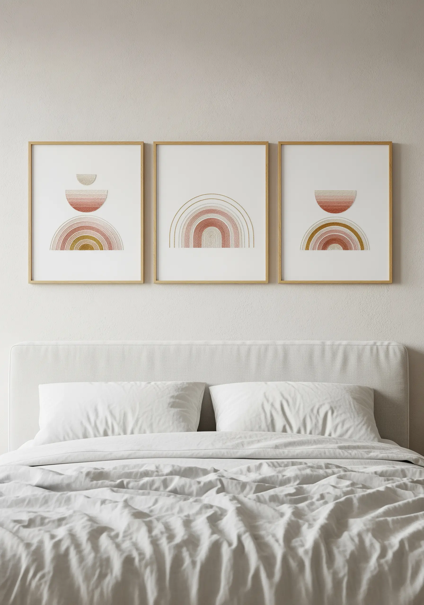 Triptych of abstract rainbow arches in muted terracotta, mustard, and earthy tones.