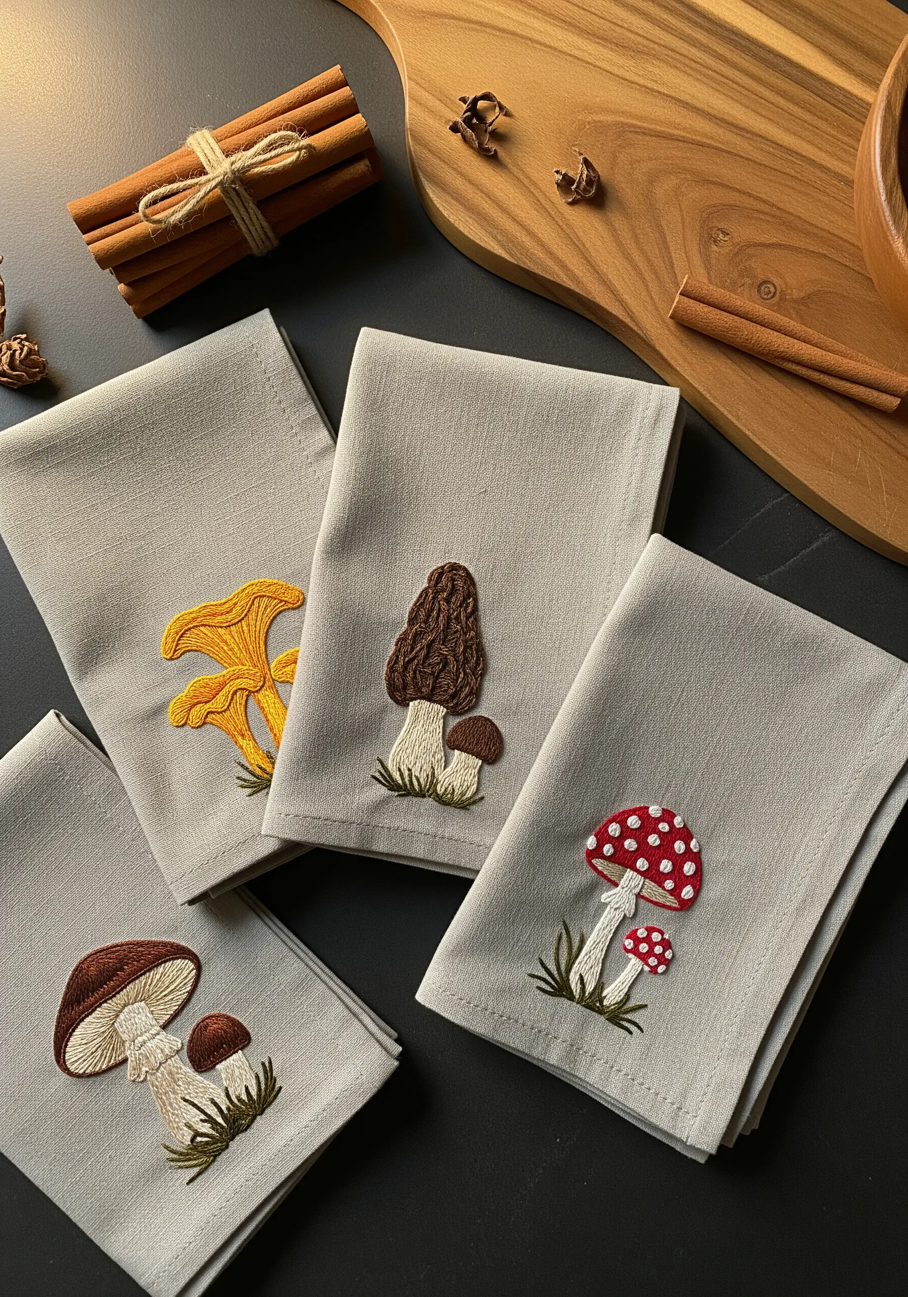 Four linen napkins, each embroidered with a different realistic mushroom species
