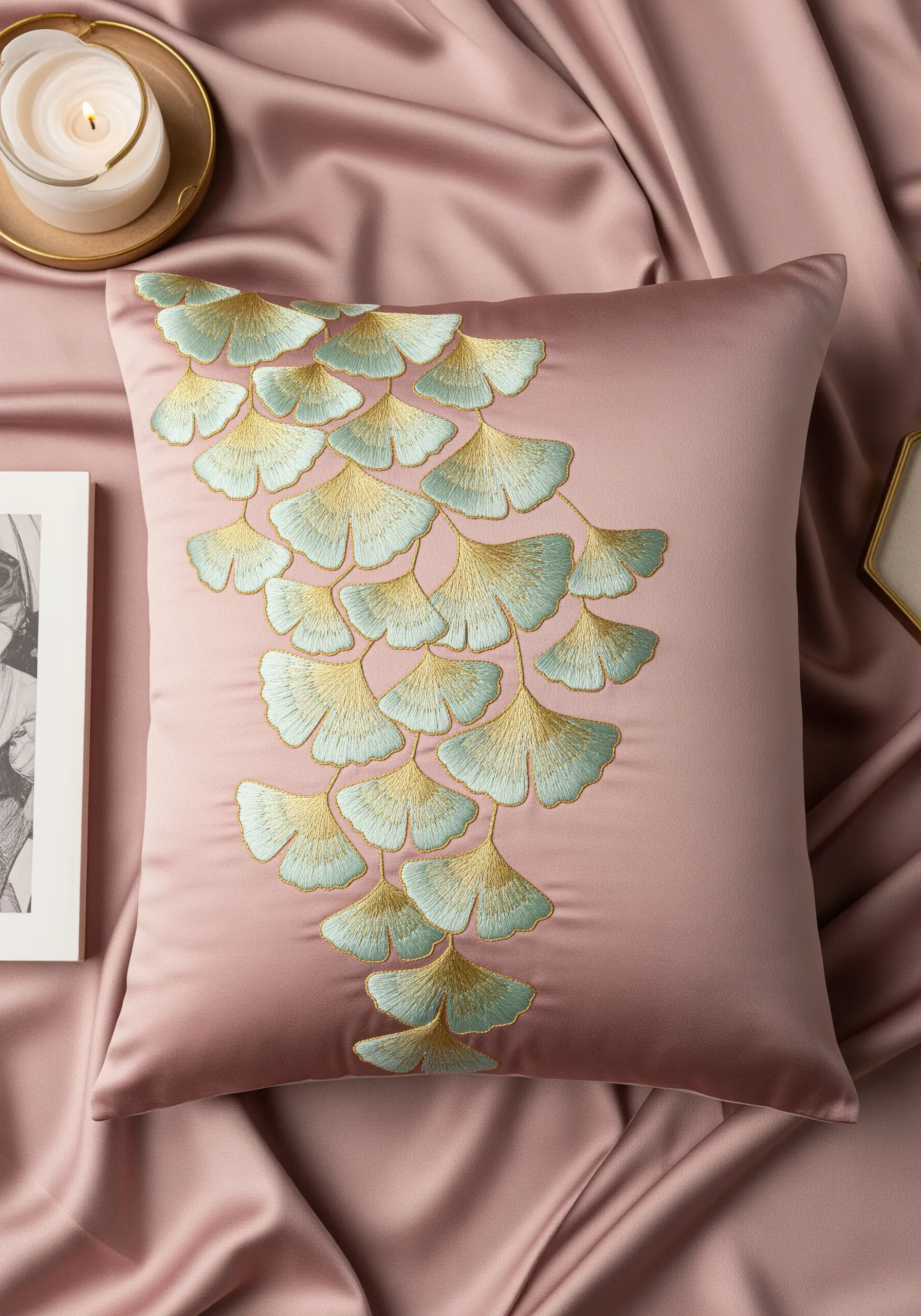 Delicate ginkgo leaves with a green-to-gold gradient embroidered on a pink satin cushion.