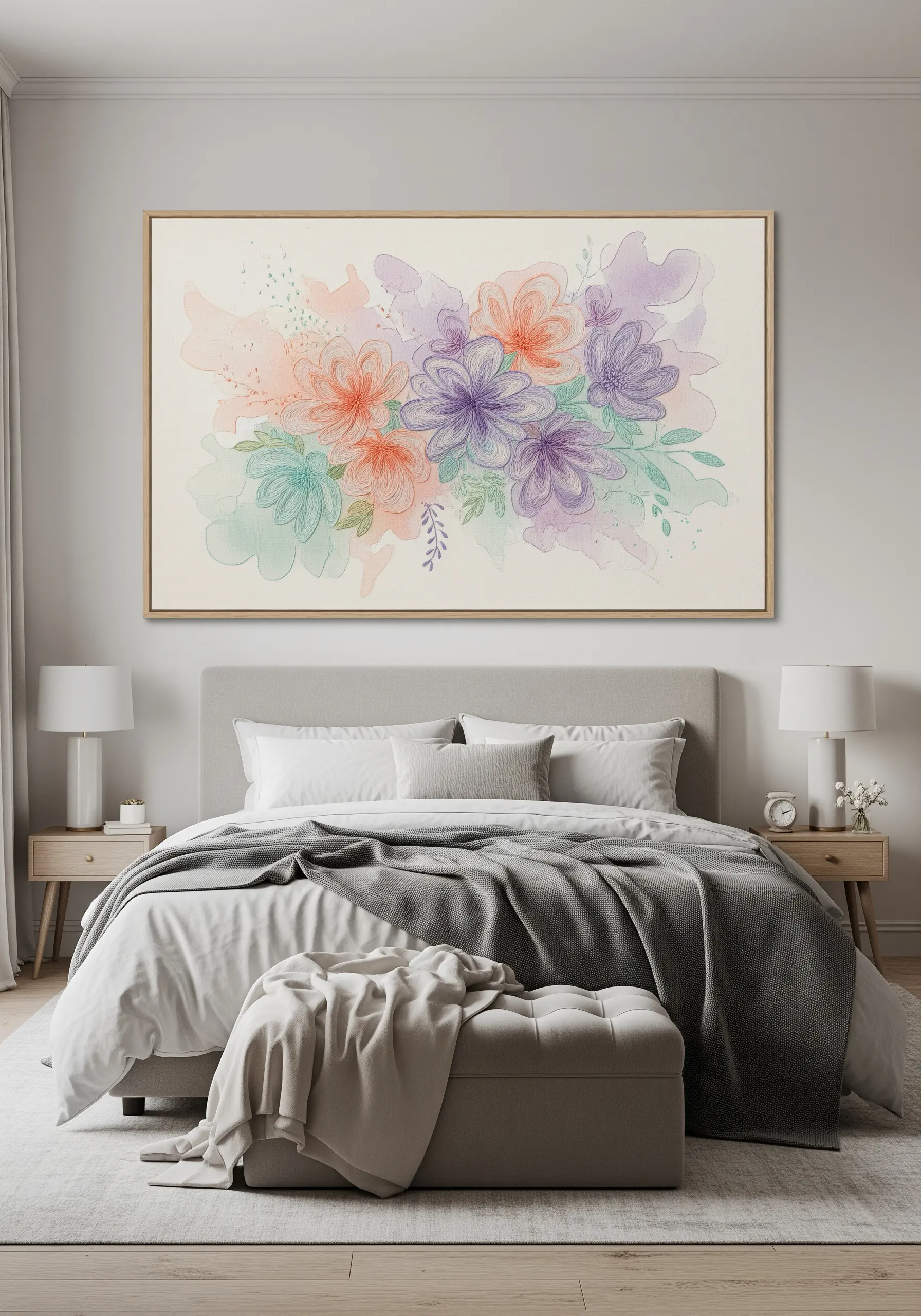 A large framed artwork above a bed featuring flowers outlined in thread over watercolor washes.