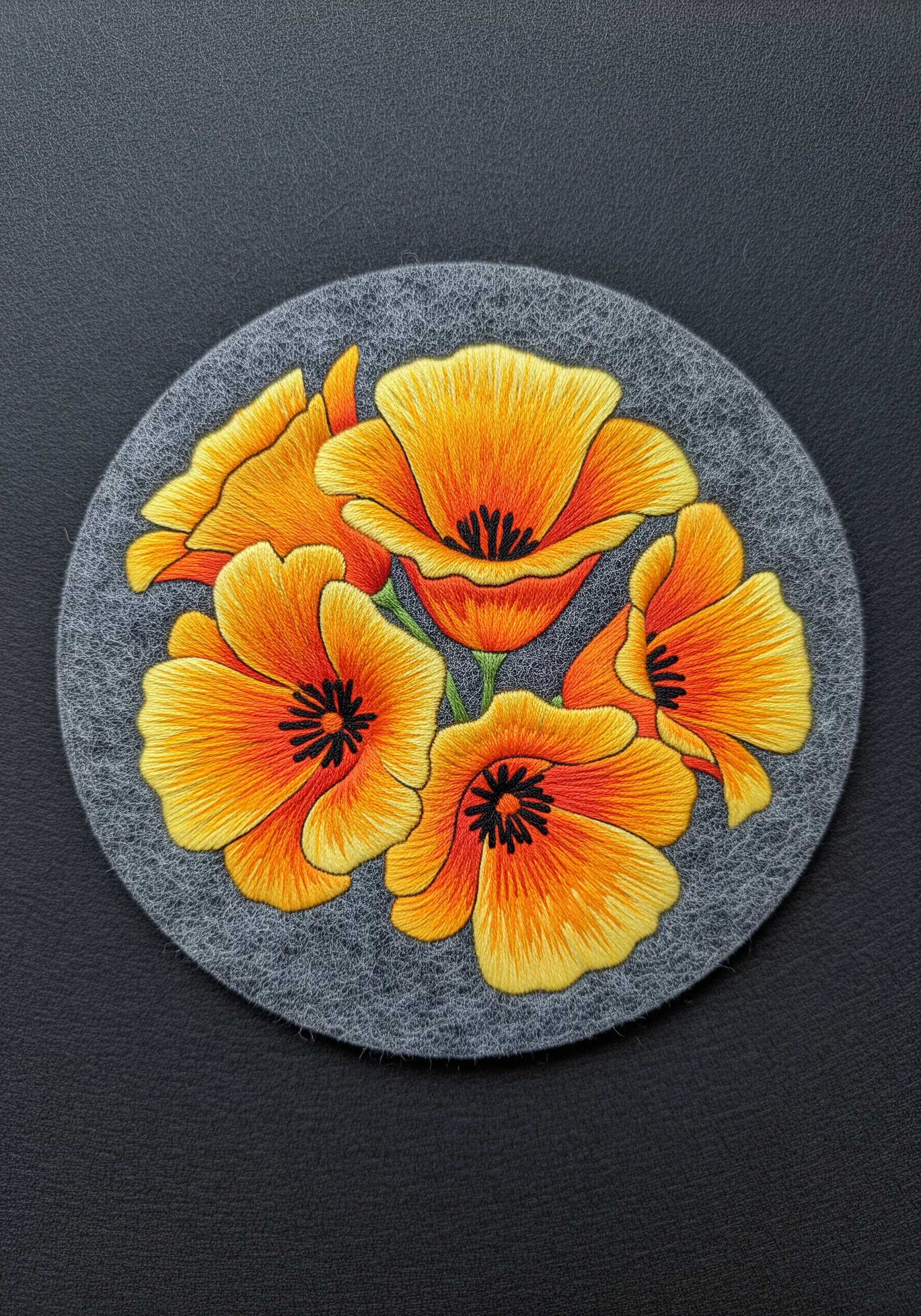 Vibrant orange and yellow California poppies embroidered on a grey felt coaster.