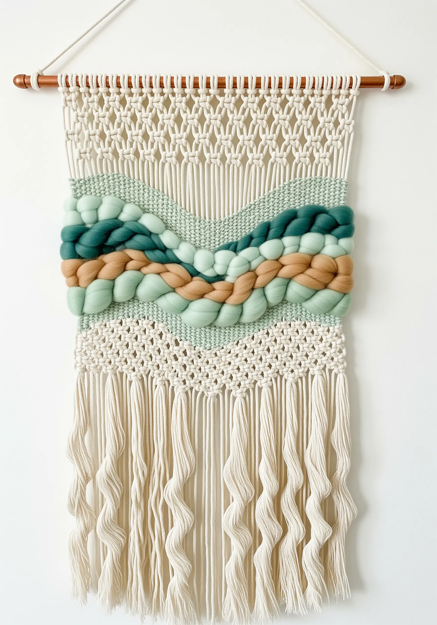 Mixed-fiber wall hanging combining macrame knots with a central woven section of thick roving.