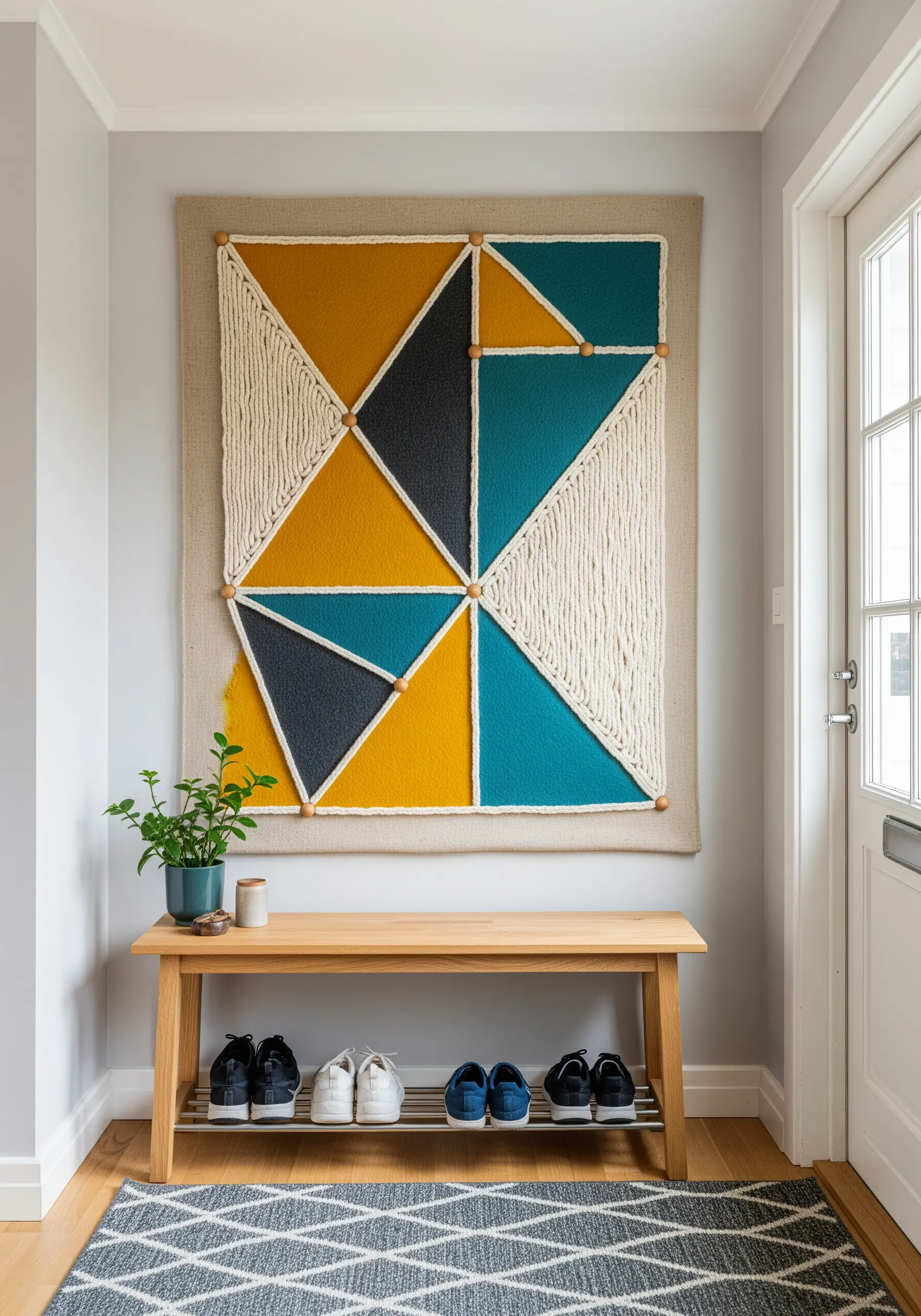 A large geometric wall hanging with color-blocked sections of yellow, teal, and black yarn.