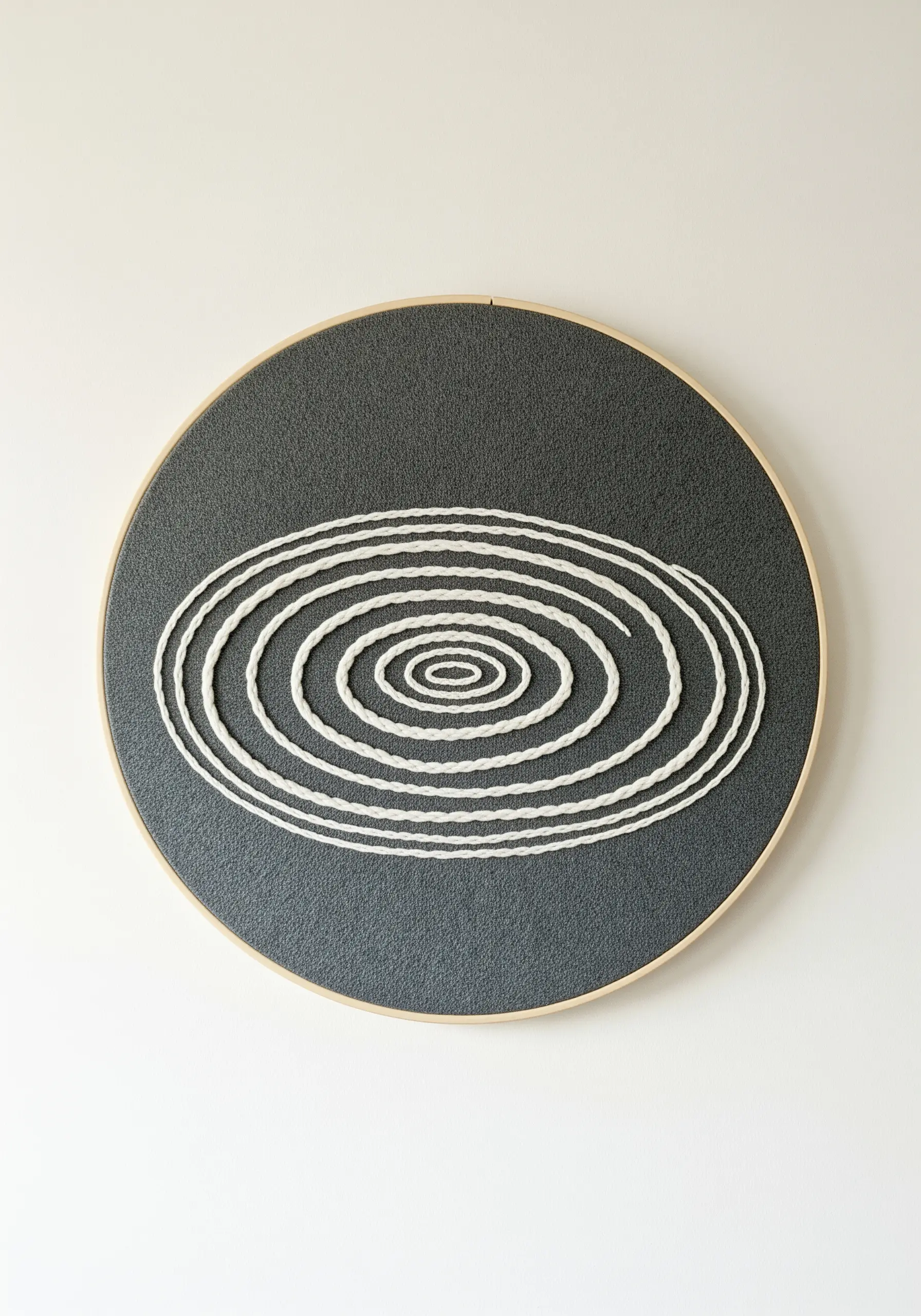 Abstract concentric ovals embroidered in thick white thread on dark fabric.