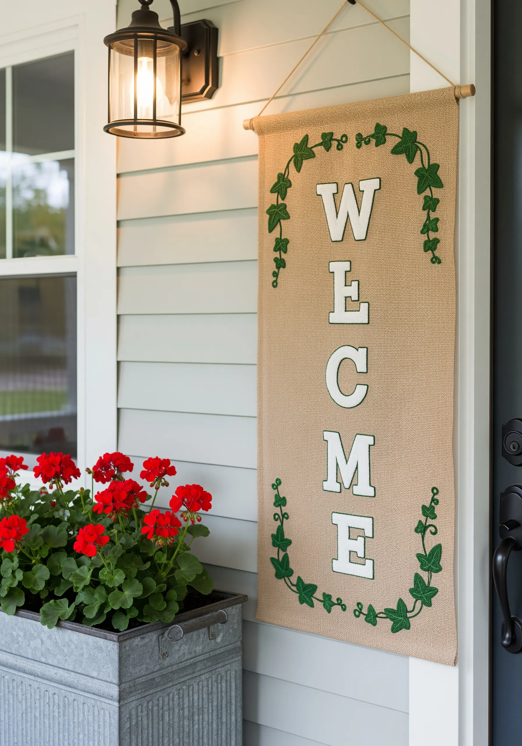 A burlap 'Welcome' banner with white appliqué letters and an embroidered green ivy border.