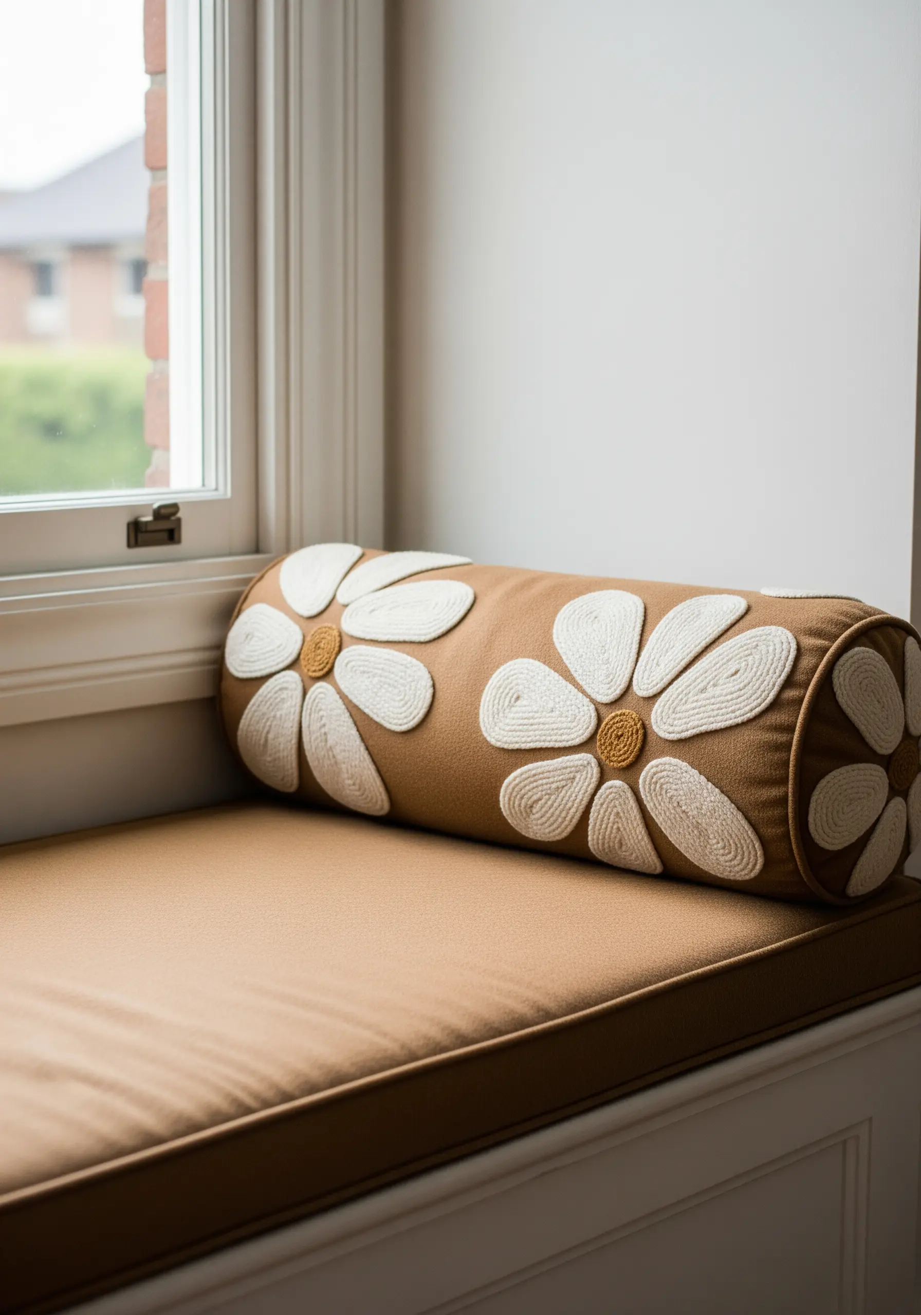 A brown bolster pillow decorated with large, graphic daisies made from coiled white rope.
