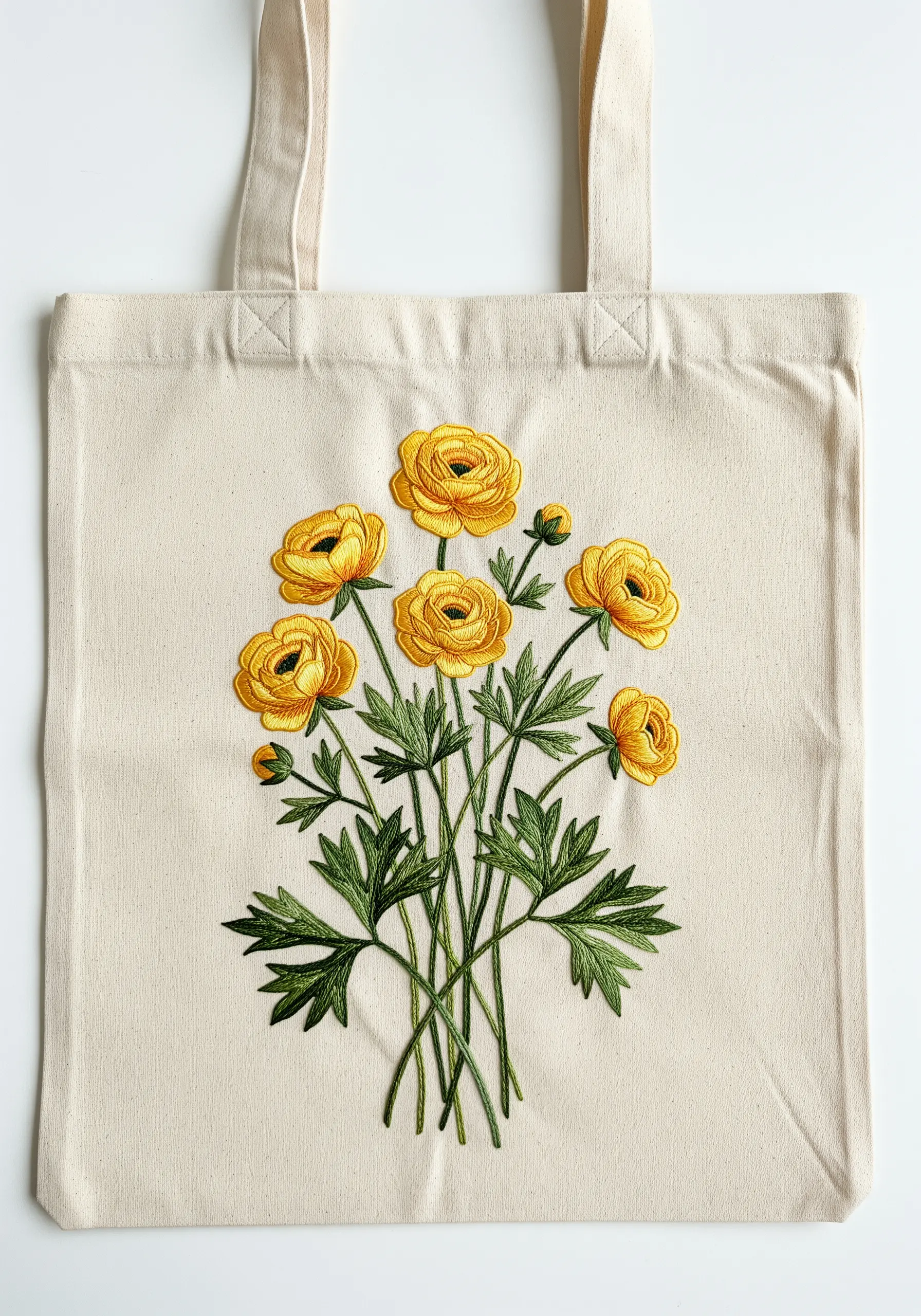 A large, vibrant bouquet of yellow buttercups embroidered on a natural canvas tote bag.