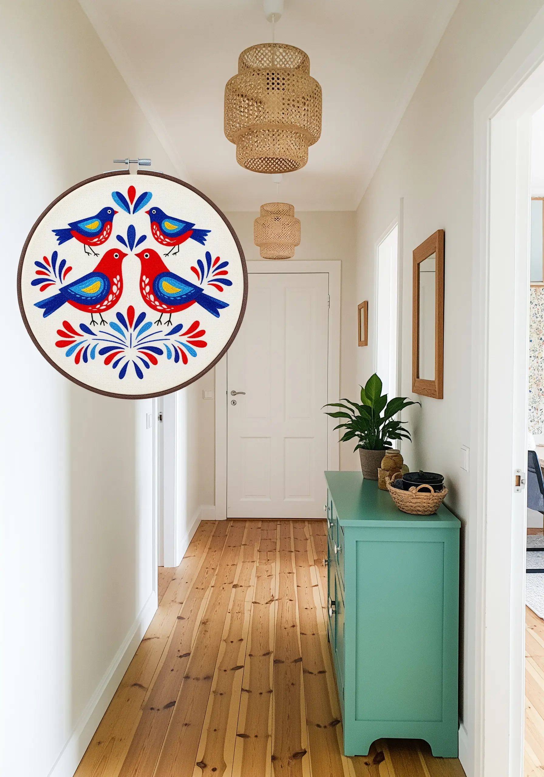 Symmetrical folk art design with four colorful birds in an embroidery hoop.