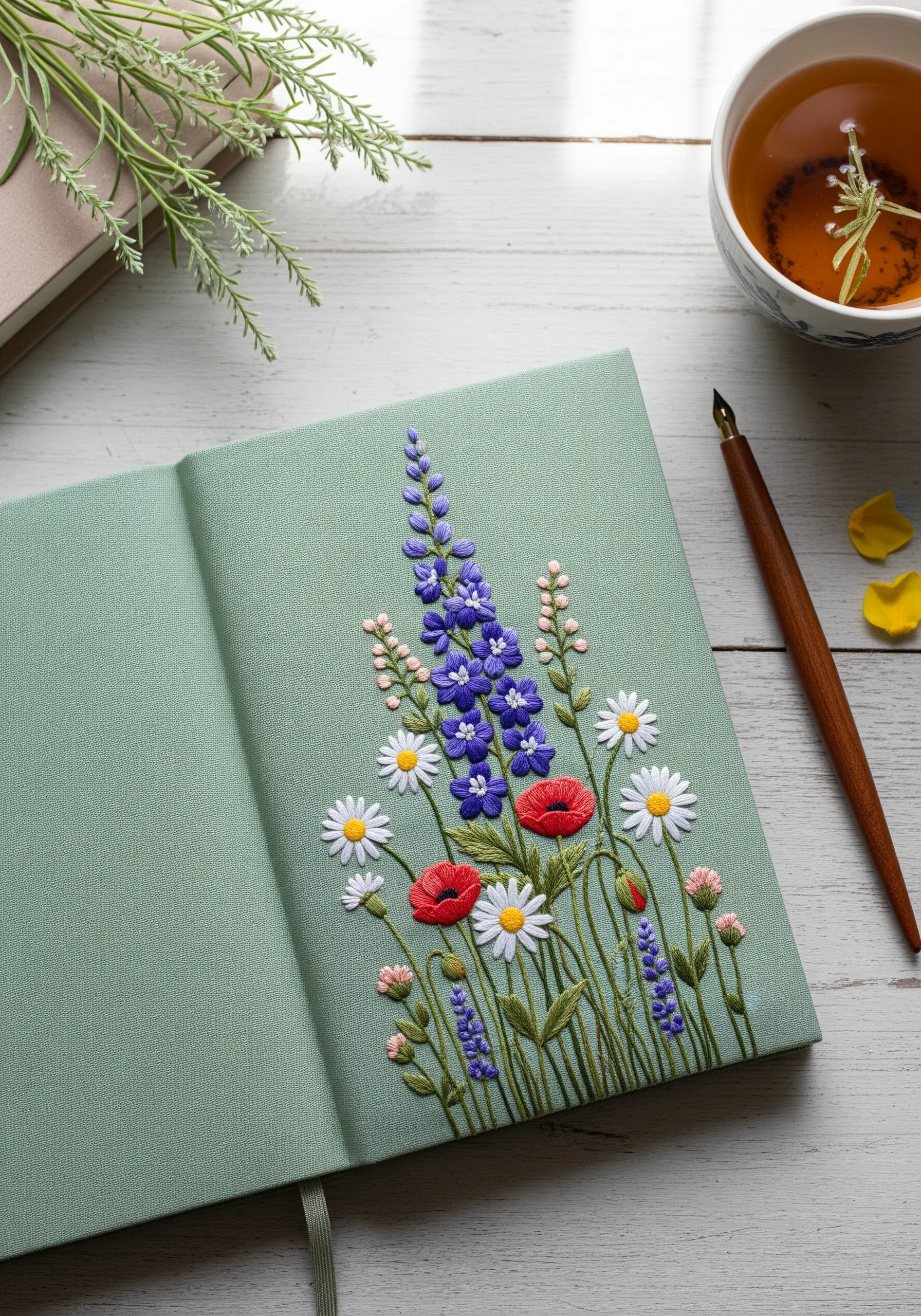A fabric journal cover embroidered with a vibrant bouquet of lavender, daisies, and poppies.
