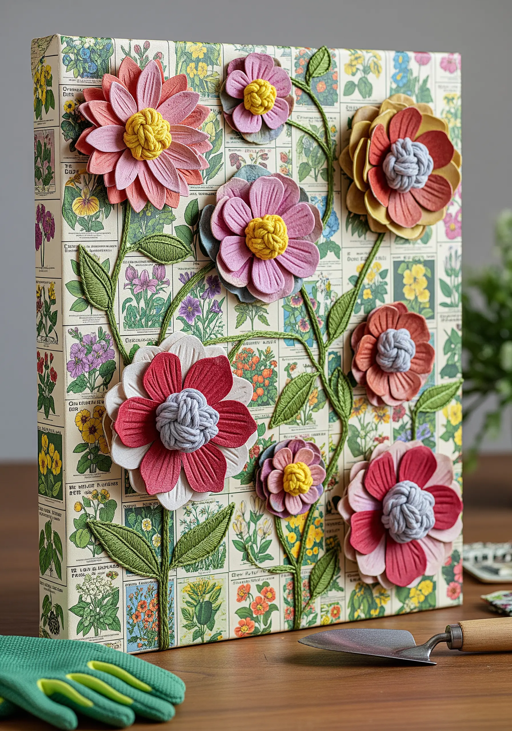 A botanical collage on a canvas with embroidered stems and 3D paper and yarn flowers.