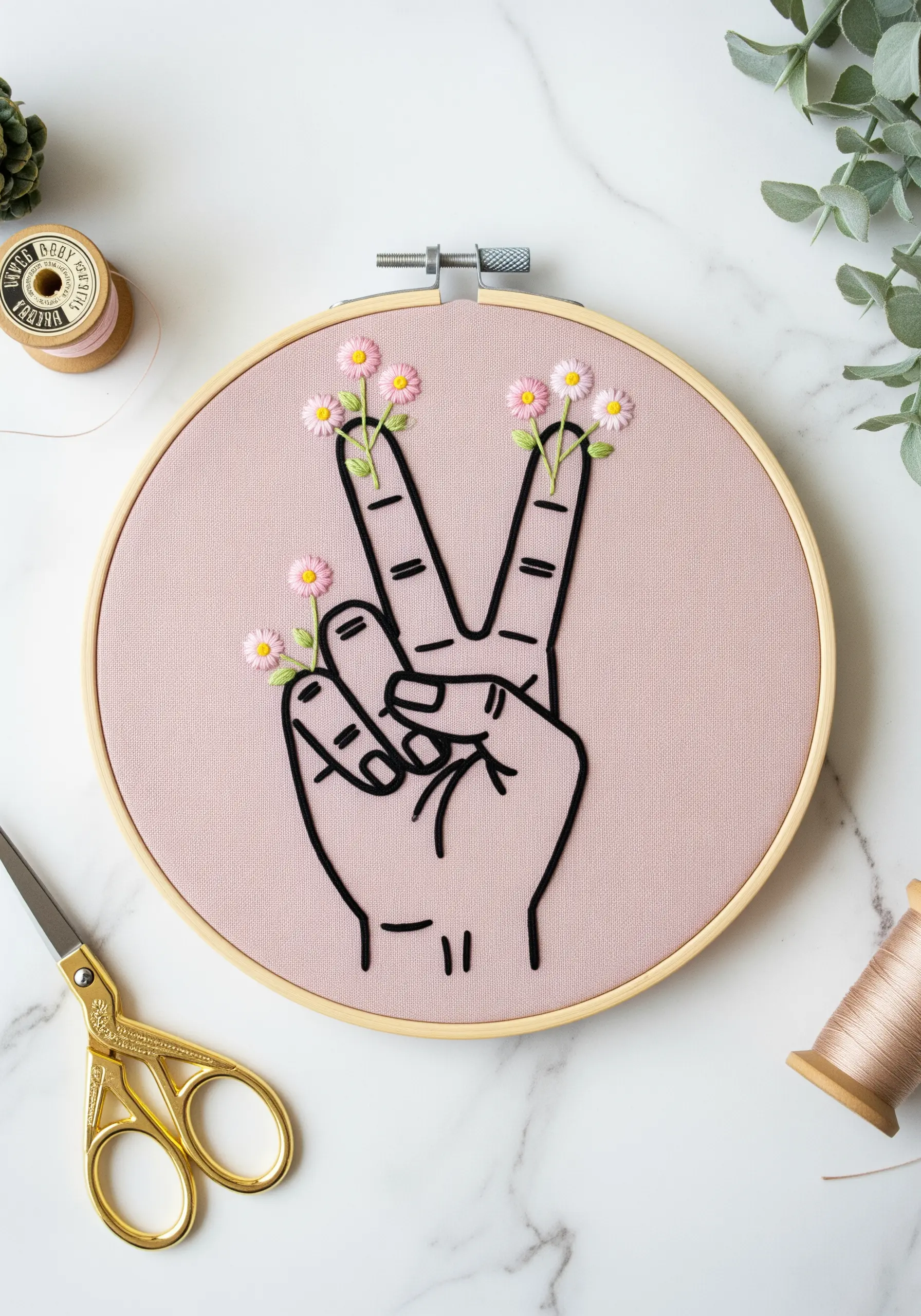 A bold peace sign gesture with tiny, three-dimensional daisies growing from the fingertips.