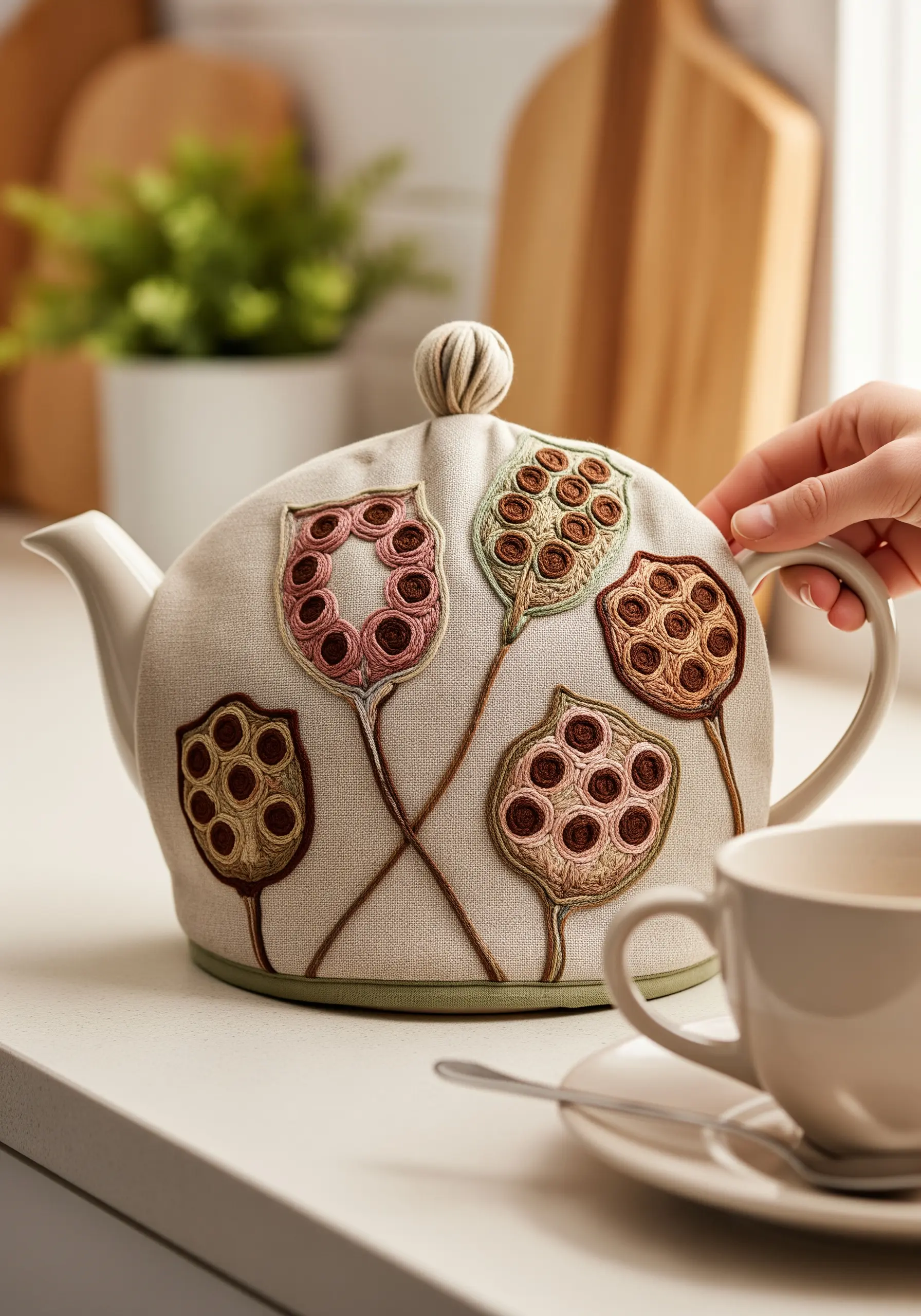 A tea cozy decorated with embroidered lotus seed pods, using negative space and French knots.