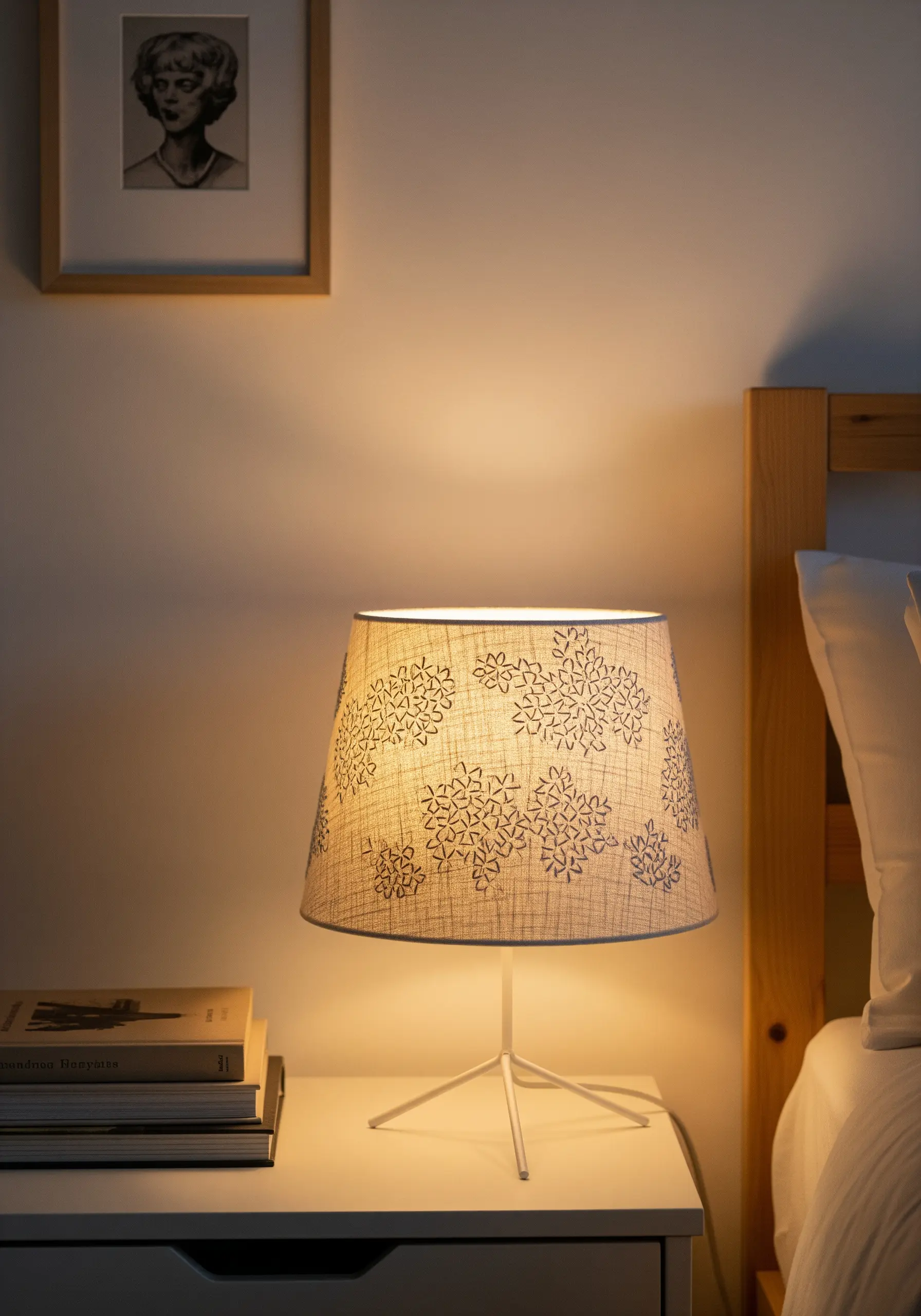 A linen lampshade featuring a repeating geometric snowflake pattern in dark thread.