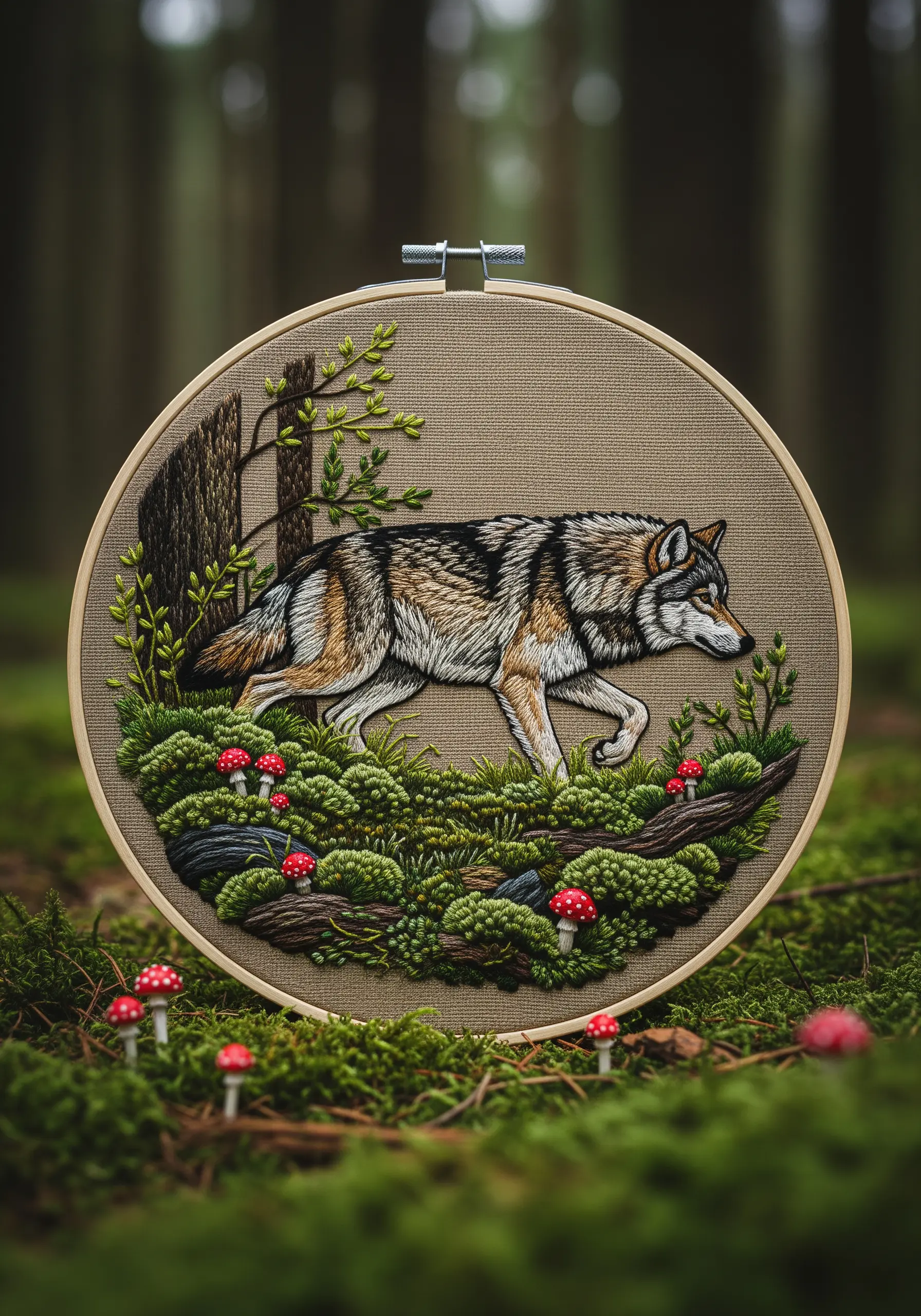 A highly detailed embroidery of a wolf walking through a 3D mossy forest.