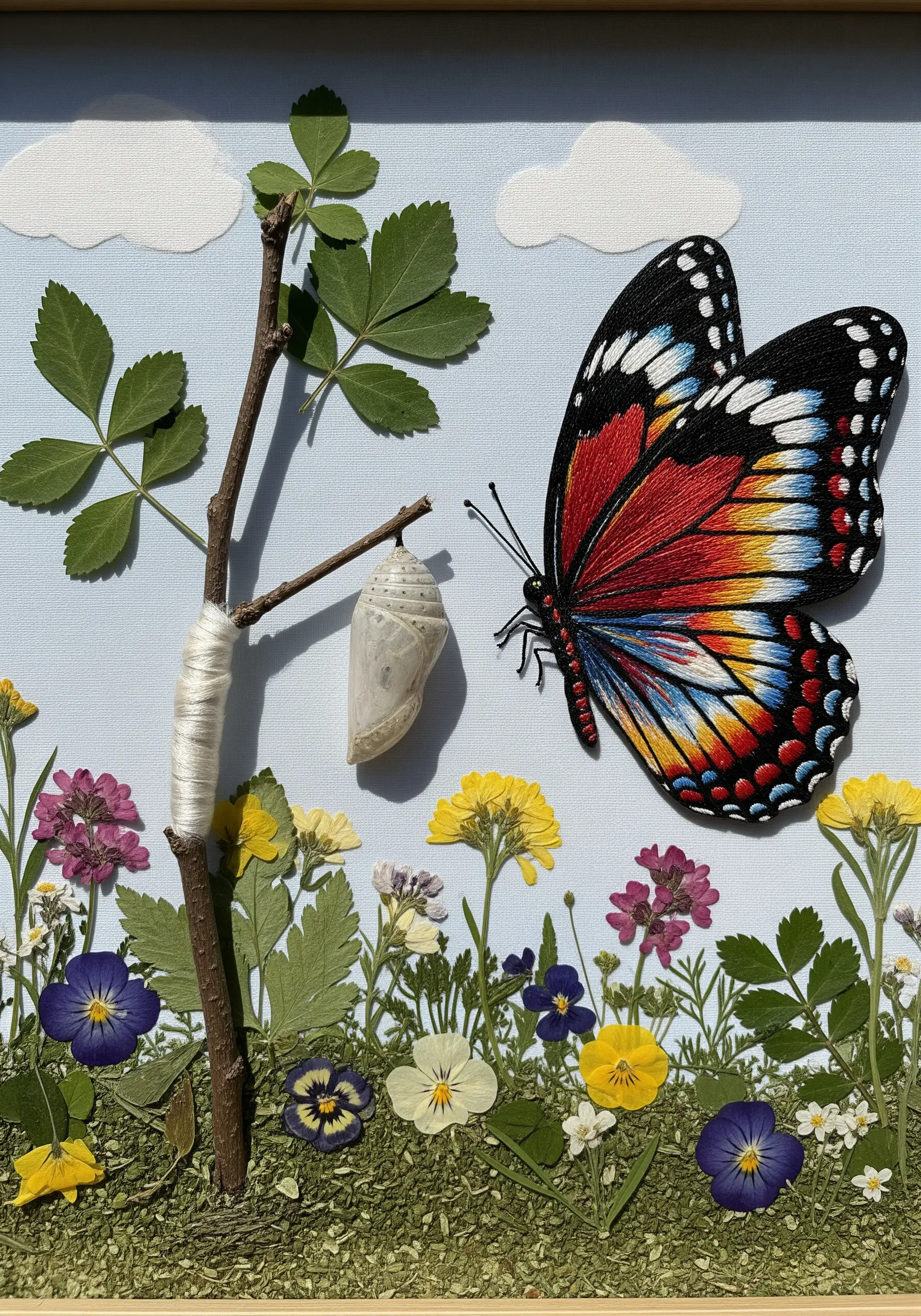 A 3D mixed-media scene with a real twig, embroidered butterfly, and pressed flowers.