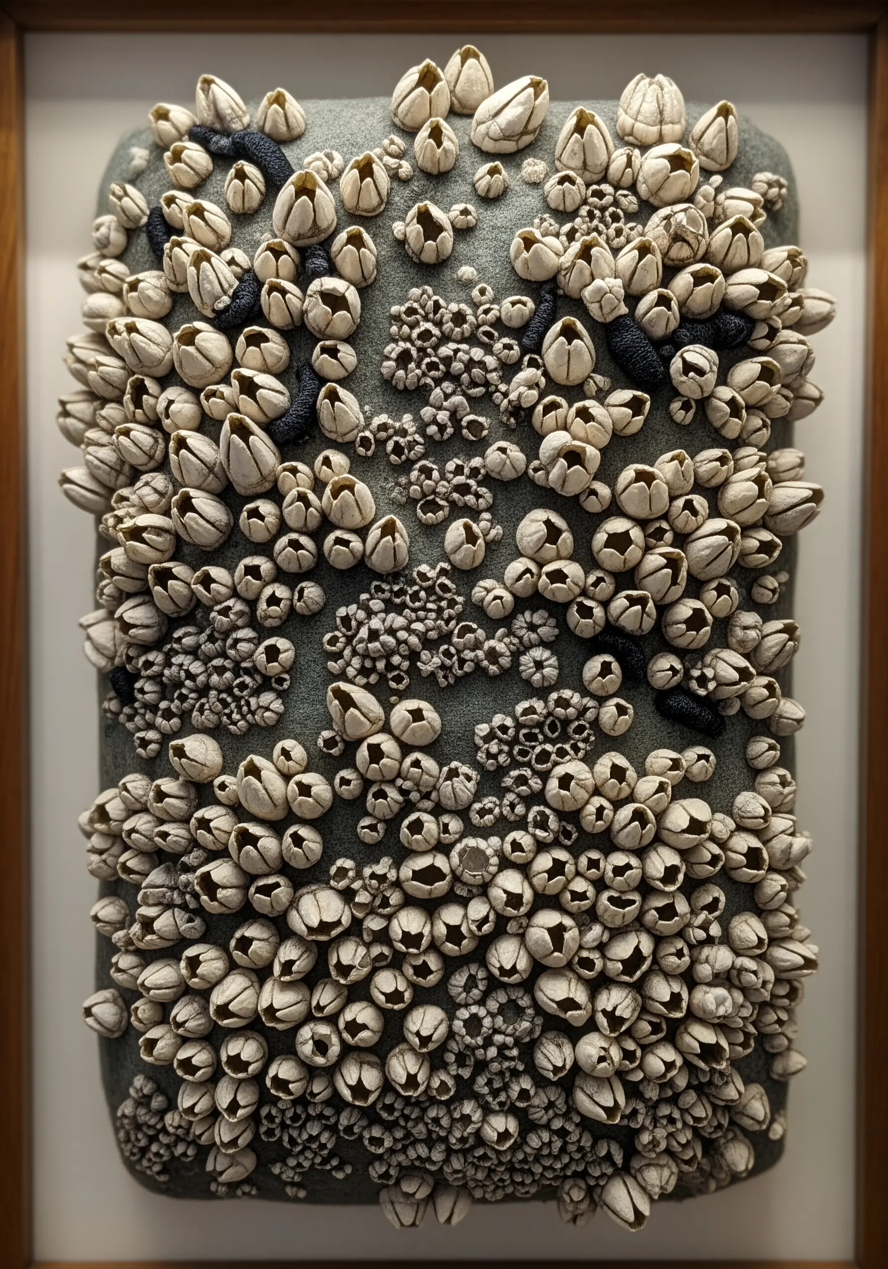 A framed 3D textile artwork showing a dense colony of embroidered and sculpted barnacles.