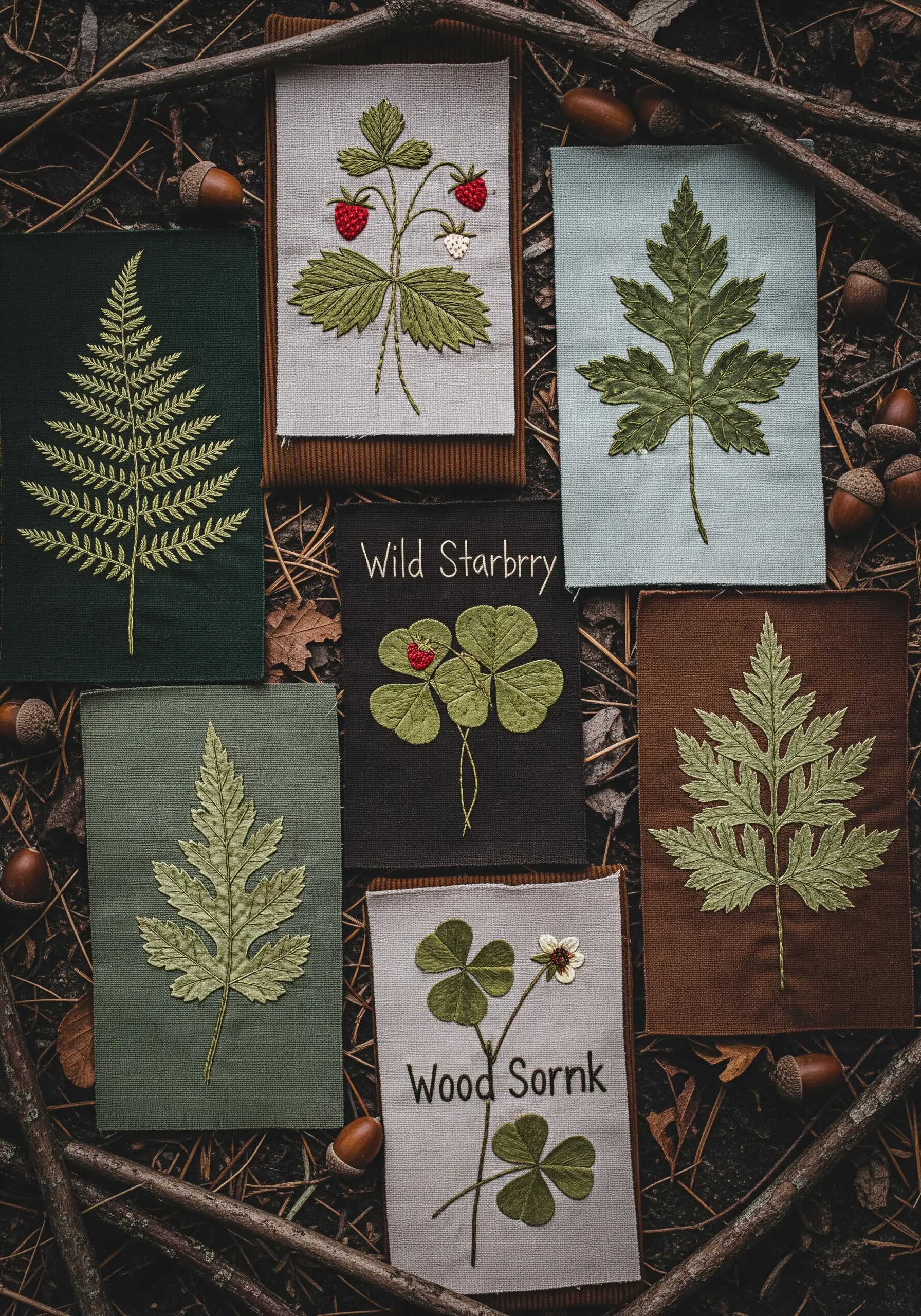 A collection of small embroidered patches featuring different types of leaves