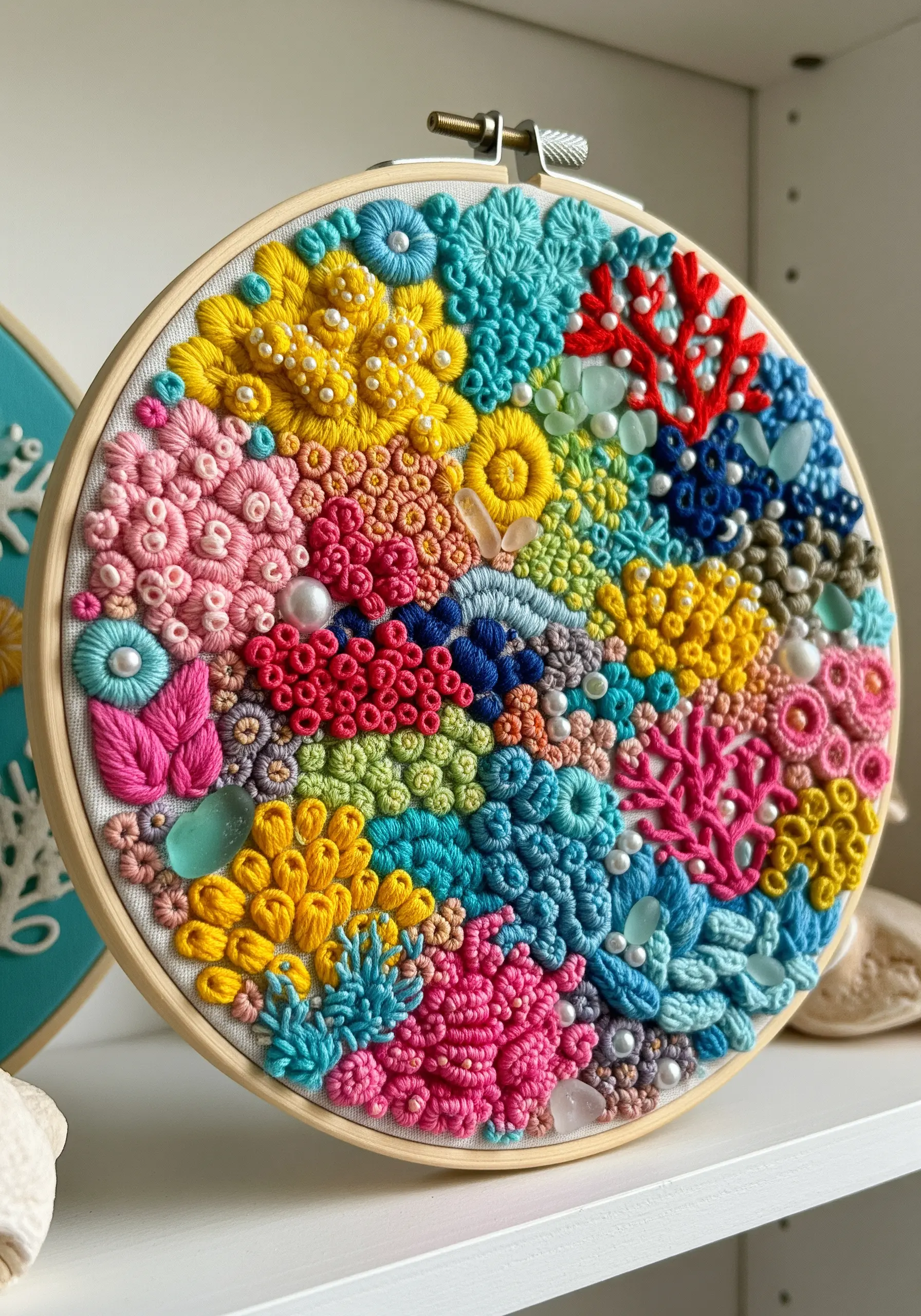 A vibrant hoop art embroidery of a coral reef, filled with colorful and textural stitches and beads.