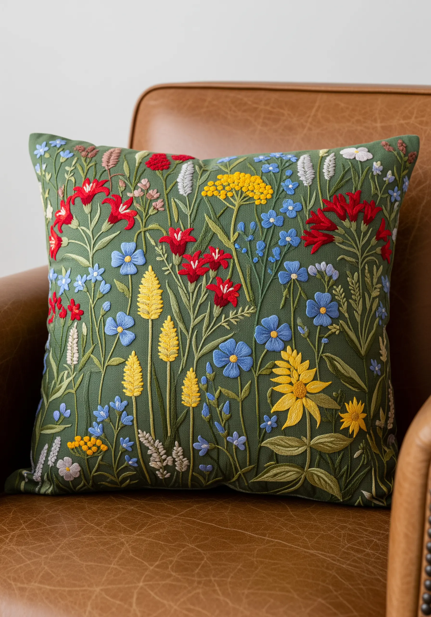 A densely embroidered floral meadow on a dark green cushion with red, blue, and yellow flowers