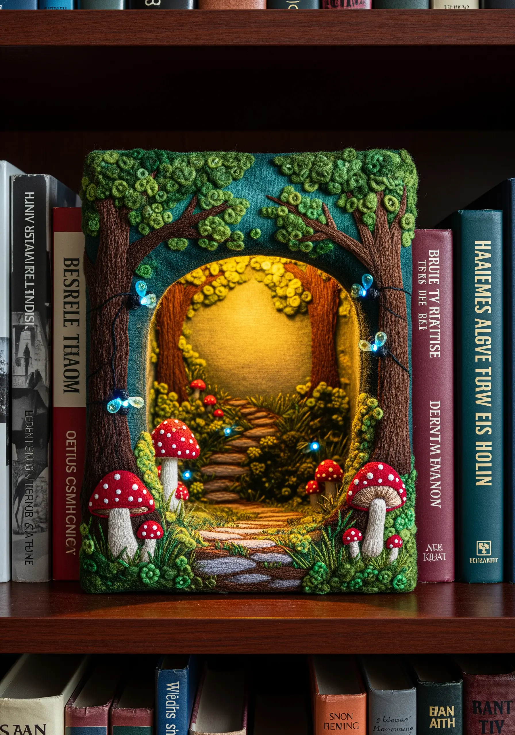A 3D embroidered diorama of a forest scene with mushrooms and a glowing path, set on a bookshelf.