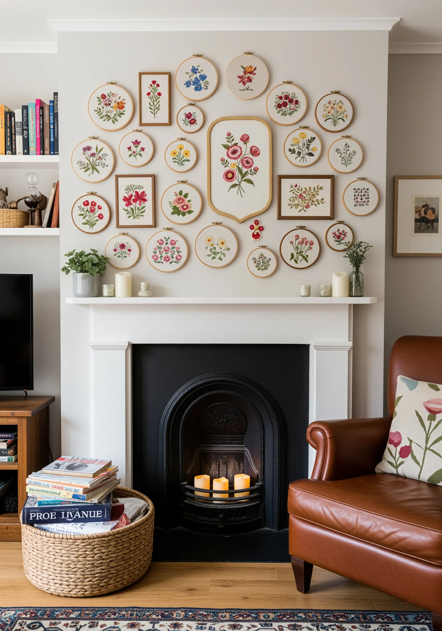 A large, dense gallery wall of various floral embroidery hoops and frames above a fireplace