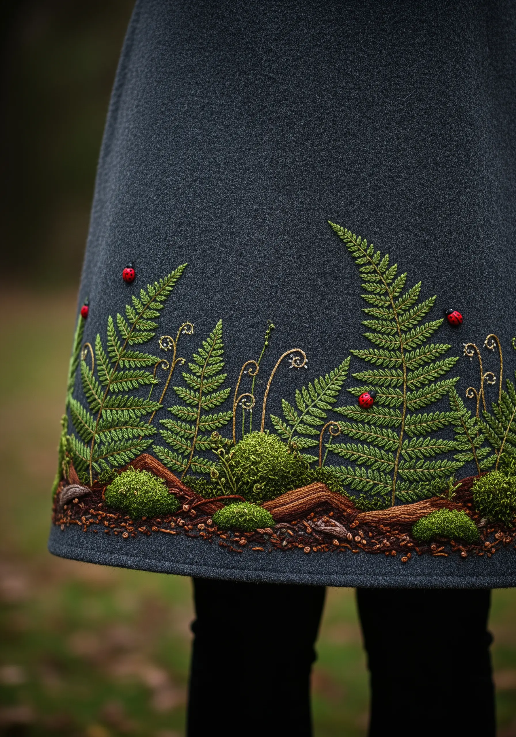 Hyper-realistic embroidery of a forest floor with ferns, moss, and ladybugs on a dark skirt