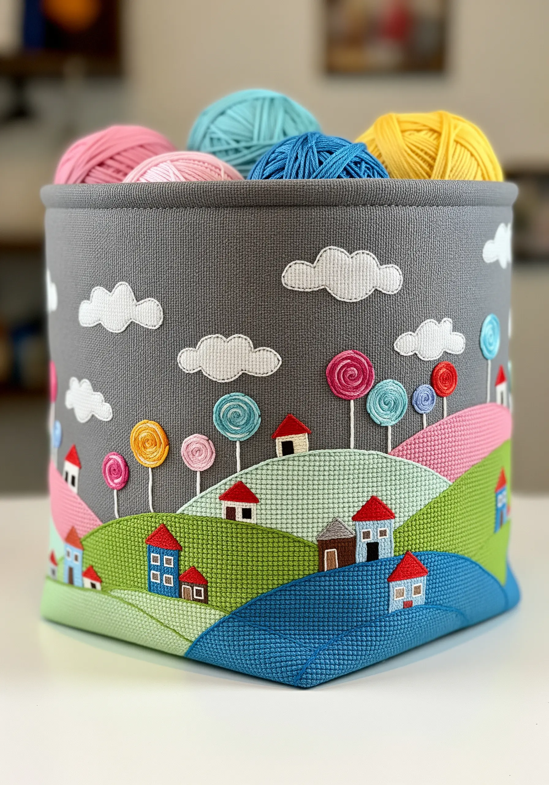 A fabric storage basket decorated with a colorful landscape of cross-stitched hills and appliqué details.