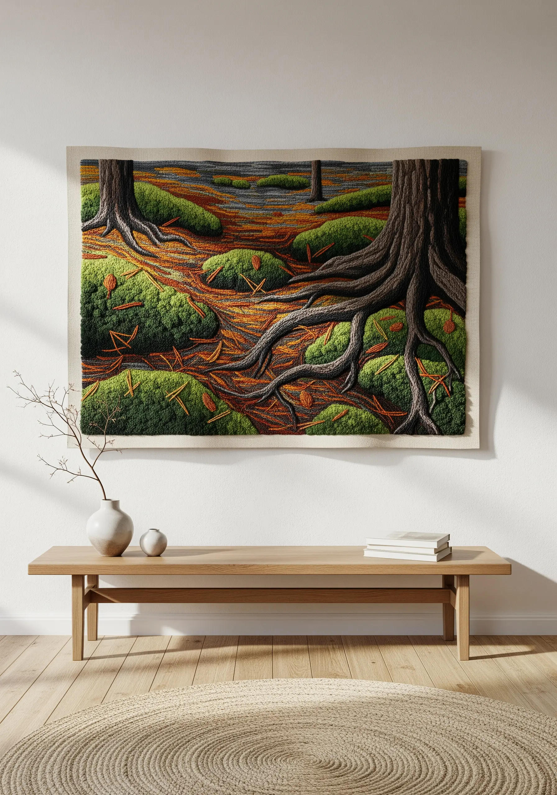 Large embroidered wall tapestry of a forest floor with textured moss and roots.