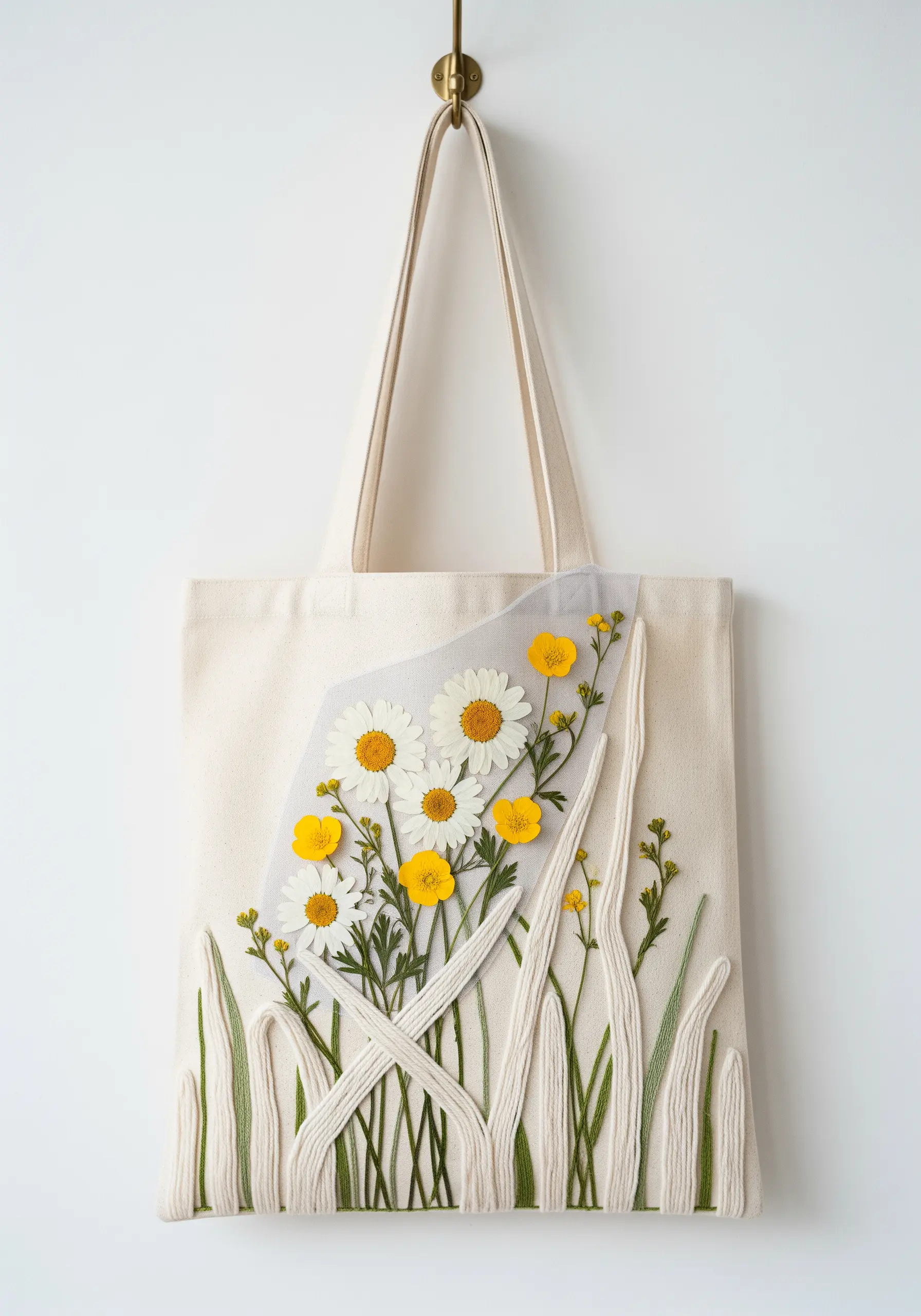 Pressed flowers on a tote bag under sheer fabric, with thick yarn grass stitches.