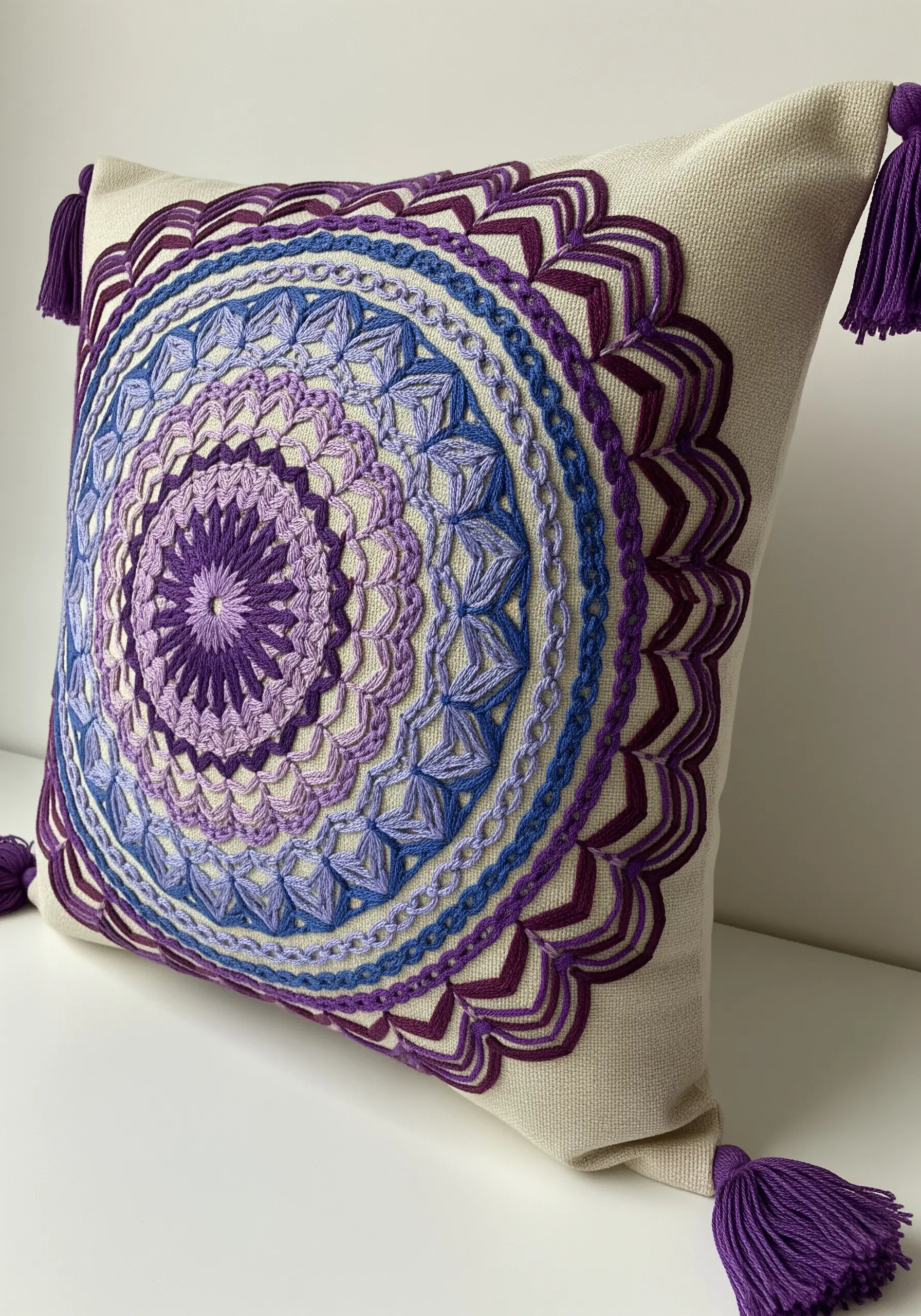 A purple and blue gradient mandala with varied textural stitches on a neutral cushion.