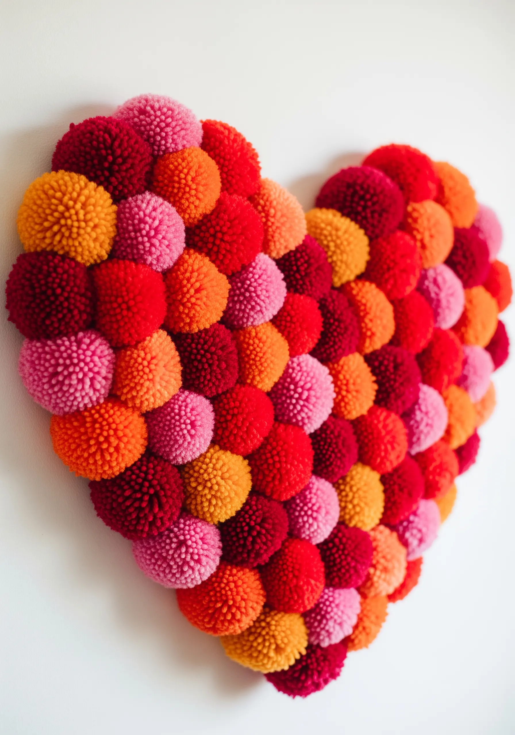 A large heart shape completely covered in tightly packed pom-poms of red, pink, and orange.