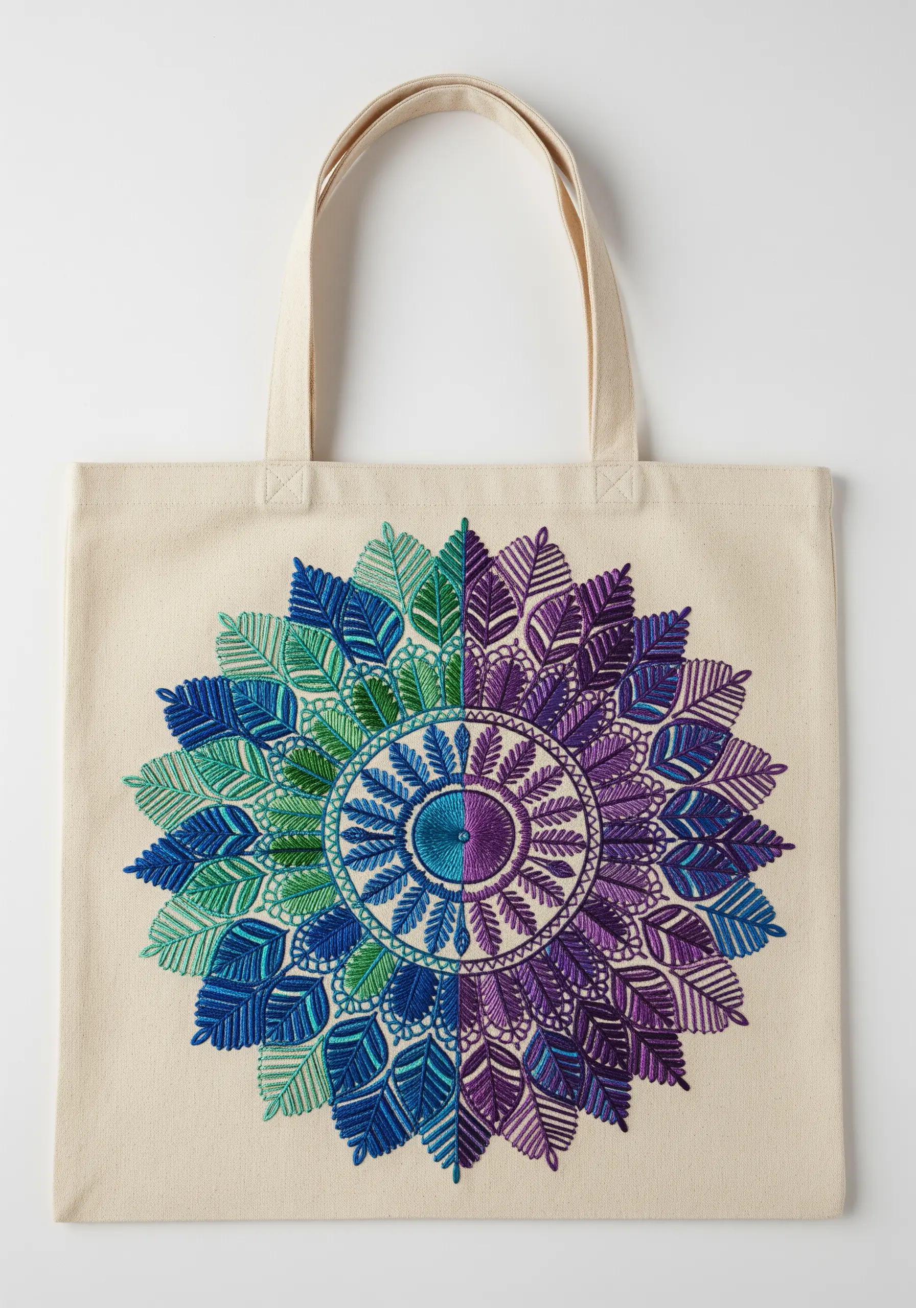 A large, symmetrical mandala in a blue-to-purple gradient on a canvas tote