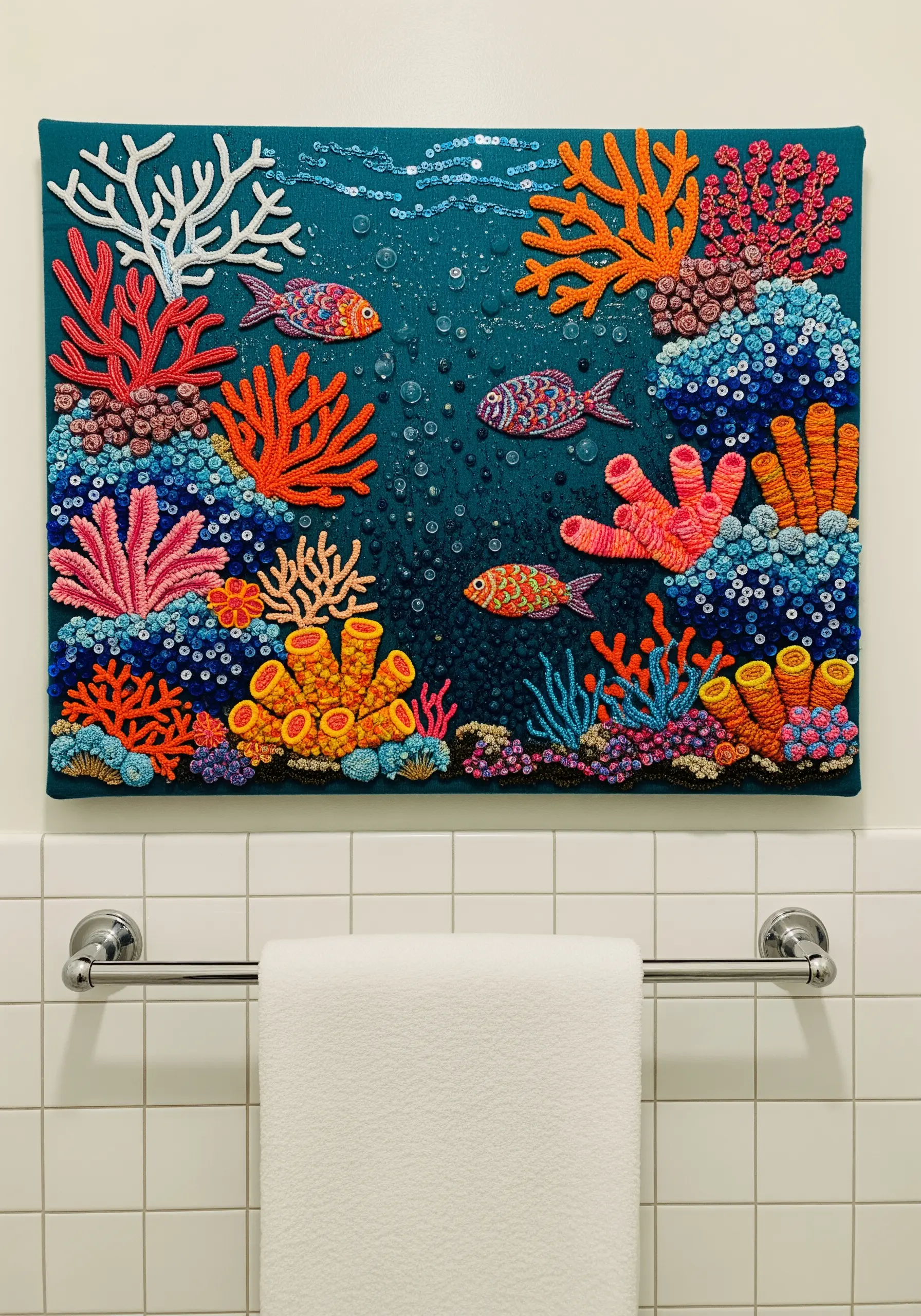 A vibrant, heavily textured embroidery of a coral reef with fish, sequins, and beads.