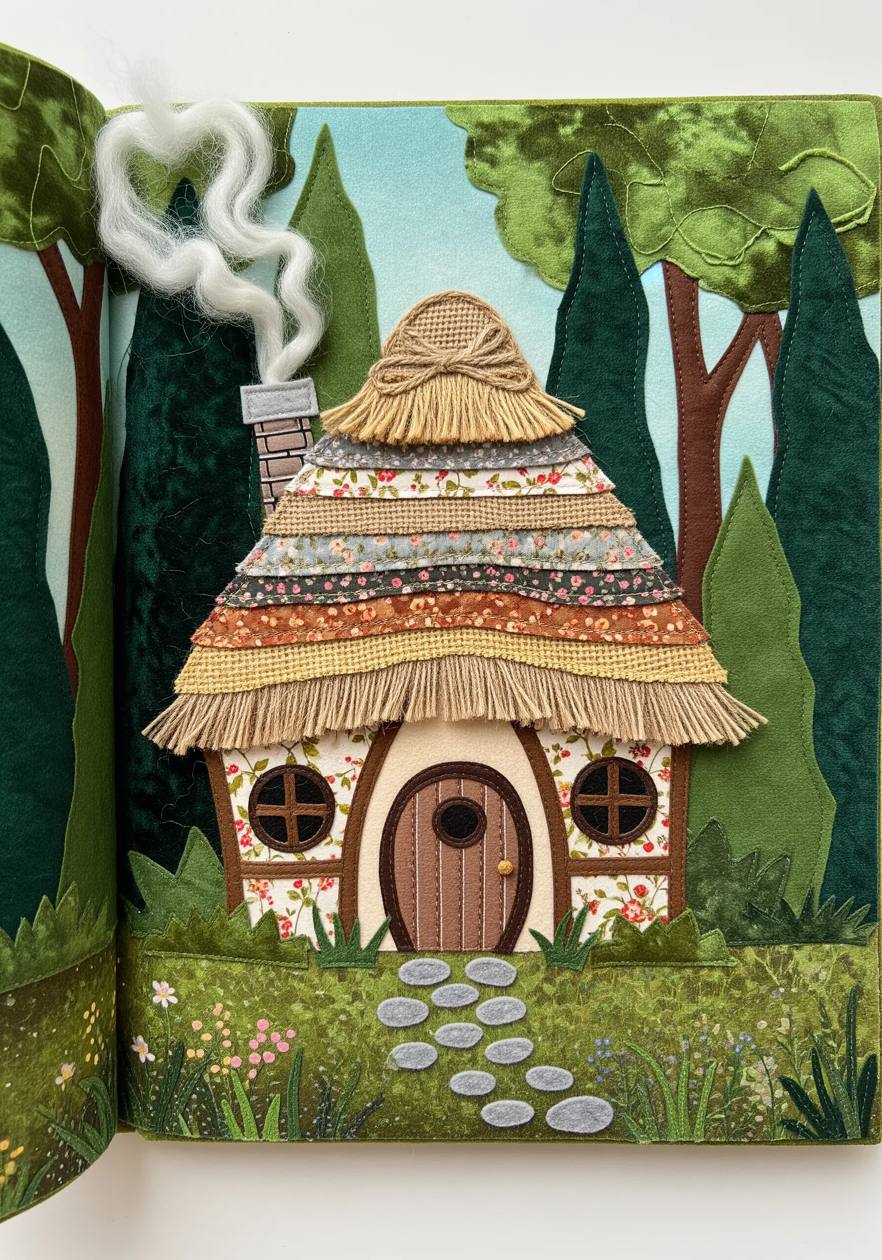 A fabric collage of a hobbit house with a textured roof made from fringed fabric strips