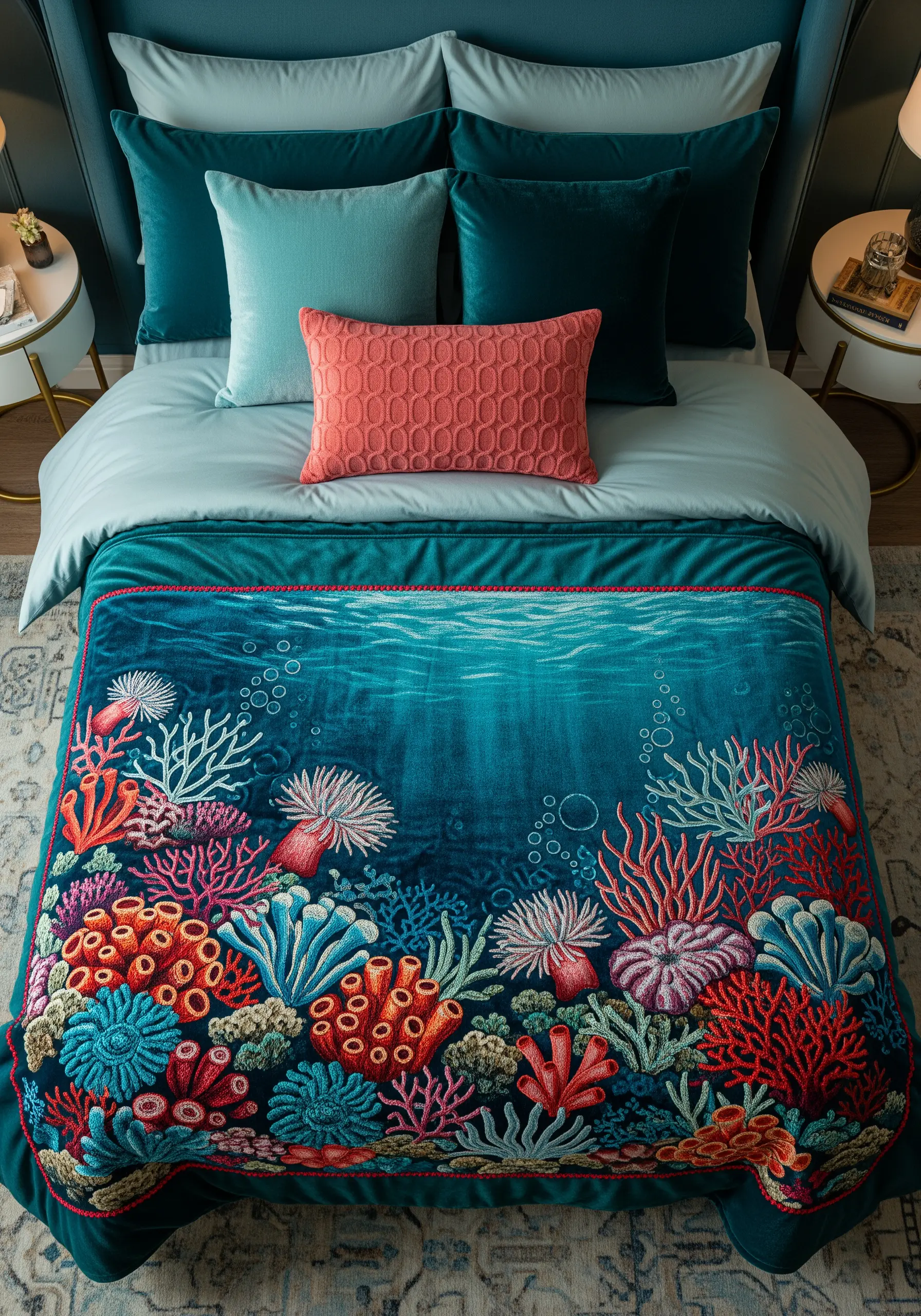 A heavily embroidered bedspread depicting a vibrant and textural underwater coral reef.