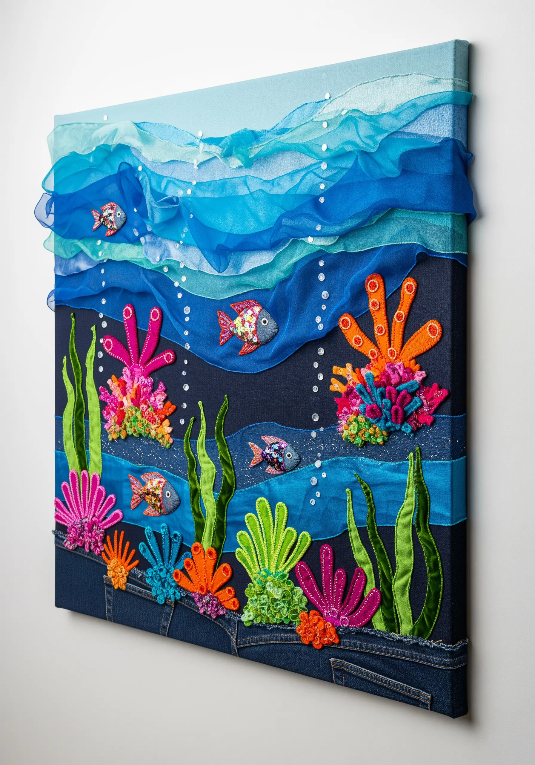 Underwater fabric collage using layered organza ribbons for water and felt for coral