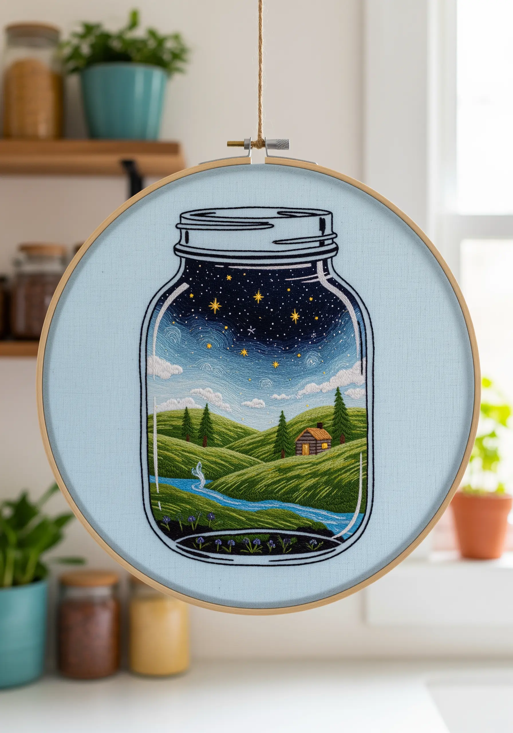 An embroidery hoop depicting a night landscape scene contained within a mason jar.