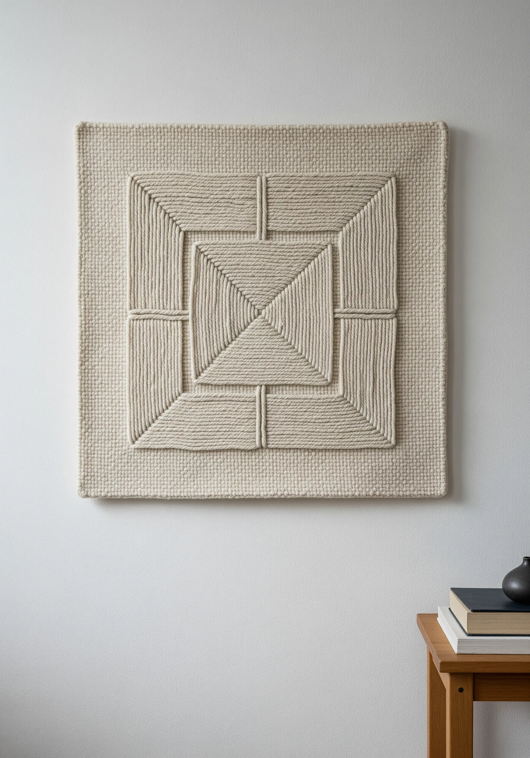 A square textile art piece with a raised, 3D geometric pattern made of coiled neutral yarn.