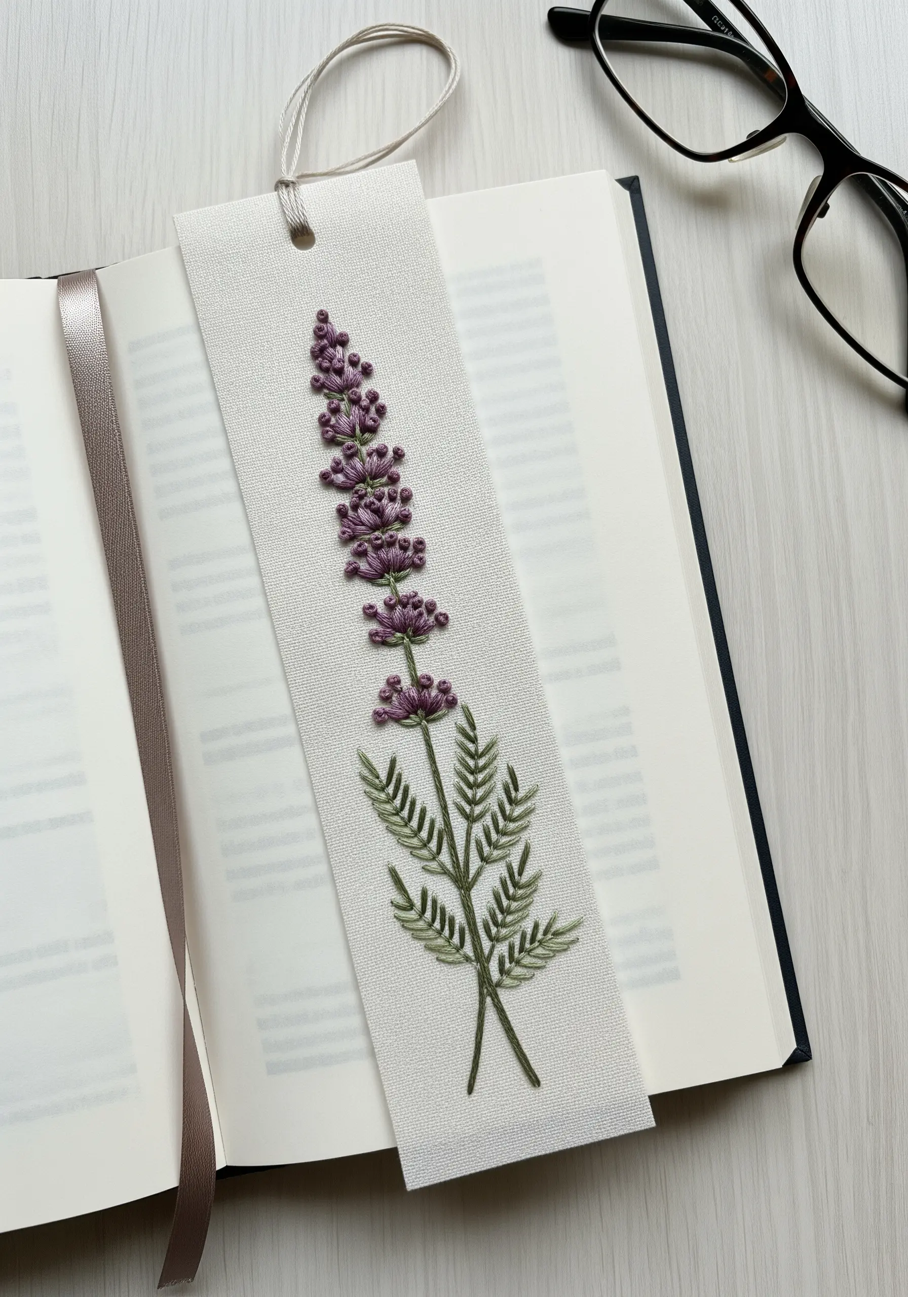 A realistic lavender stalk with French knot buds embroidered on a fabric bookmark