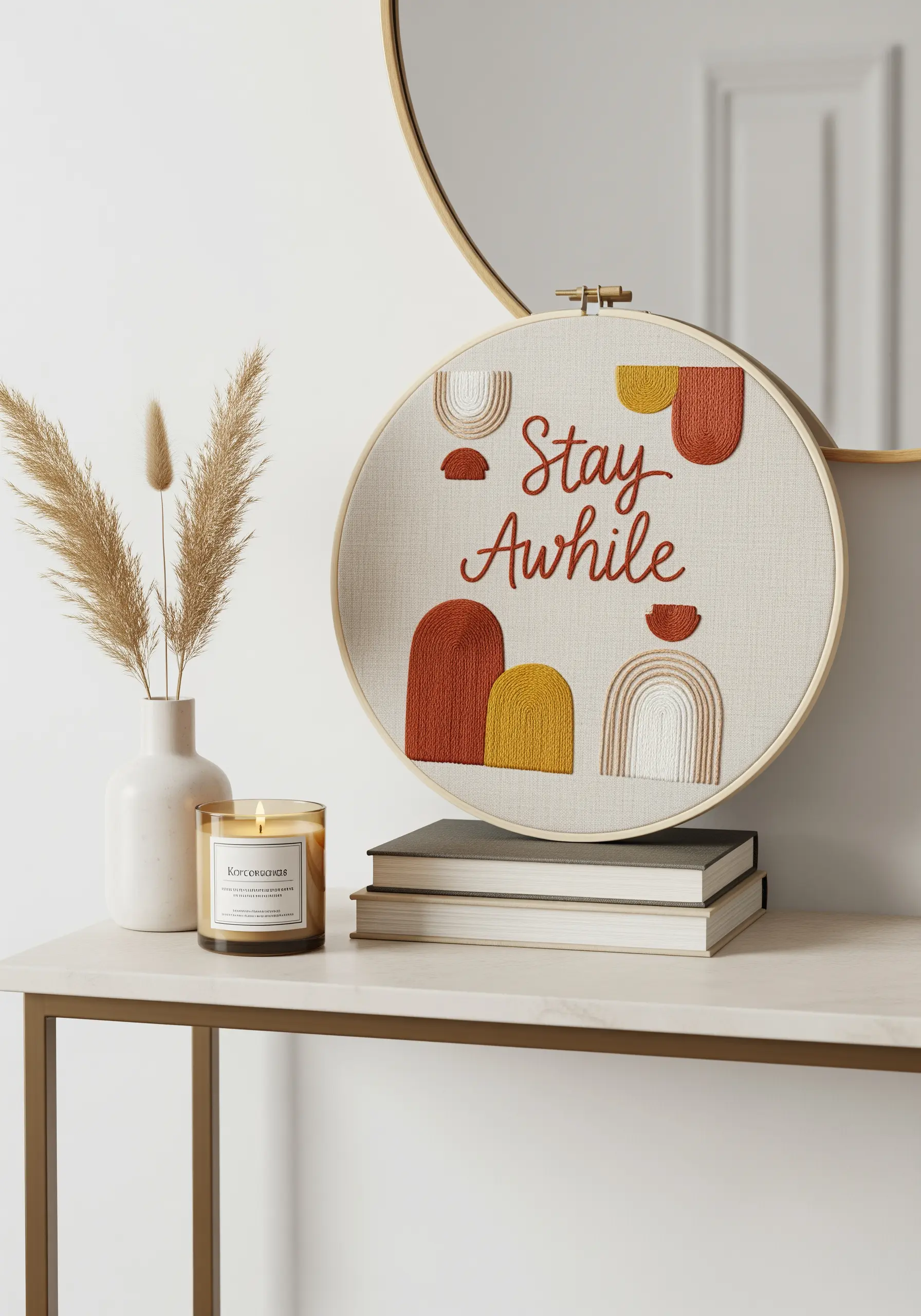 Embroidered quote with abstract terracotta and yellow shapes on linen fabric.