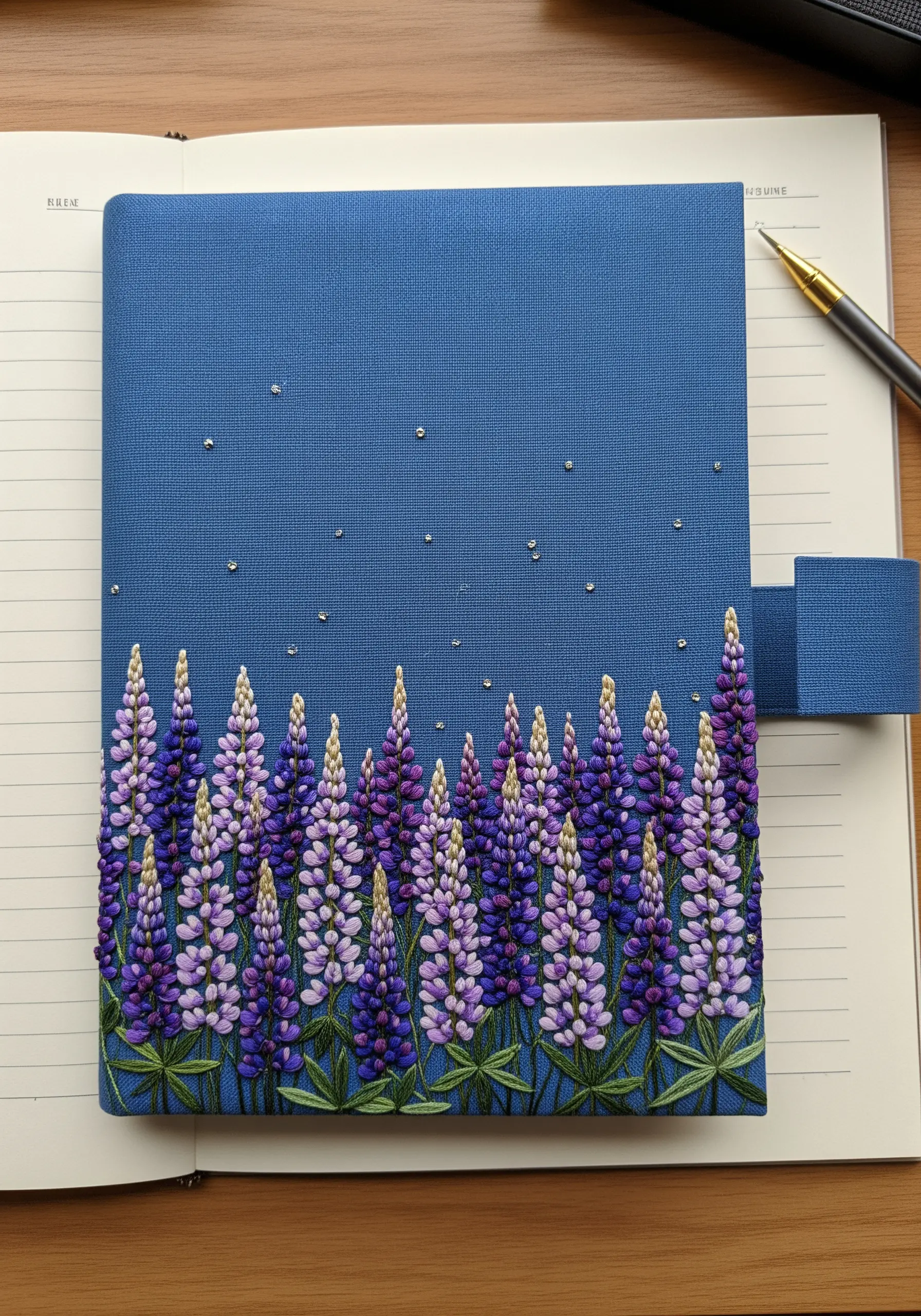 A dense field of embroidered lupine flowers made with purple and lavender bullion knots